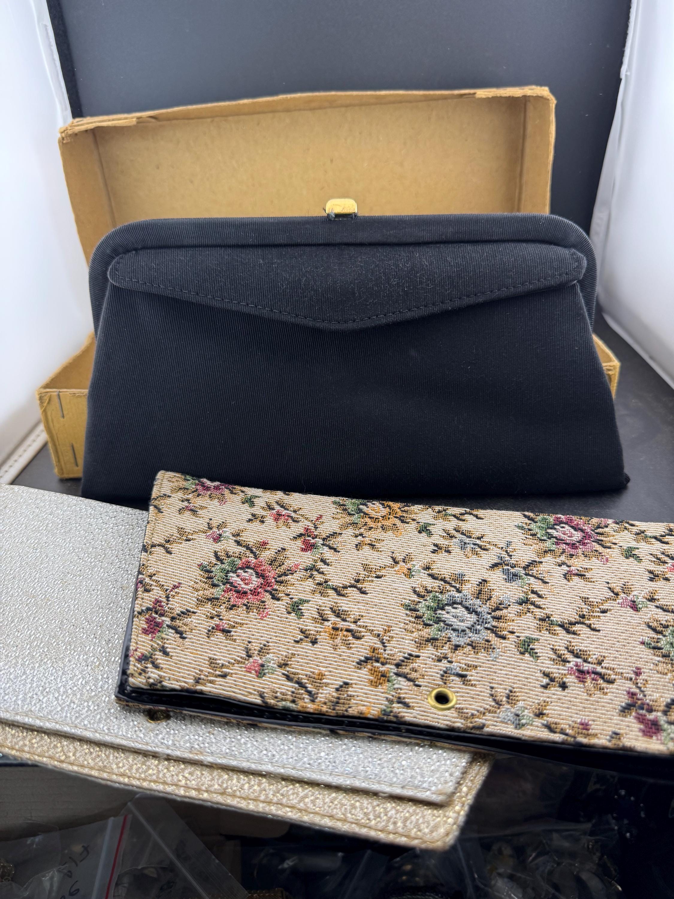 Interchangeable 5 ways black grosgrain plain Evening Bag clutch Vintage mid century with gold silver patent and tapestry outer