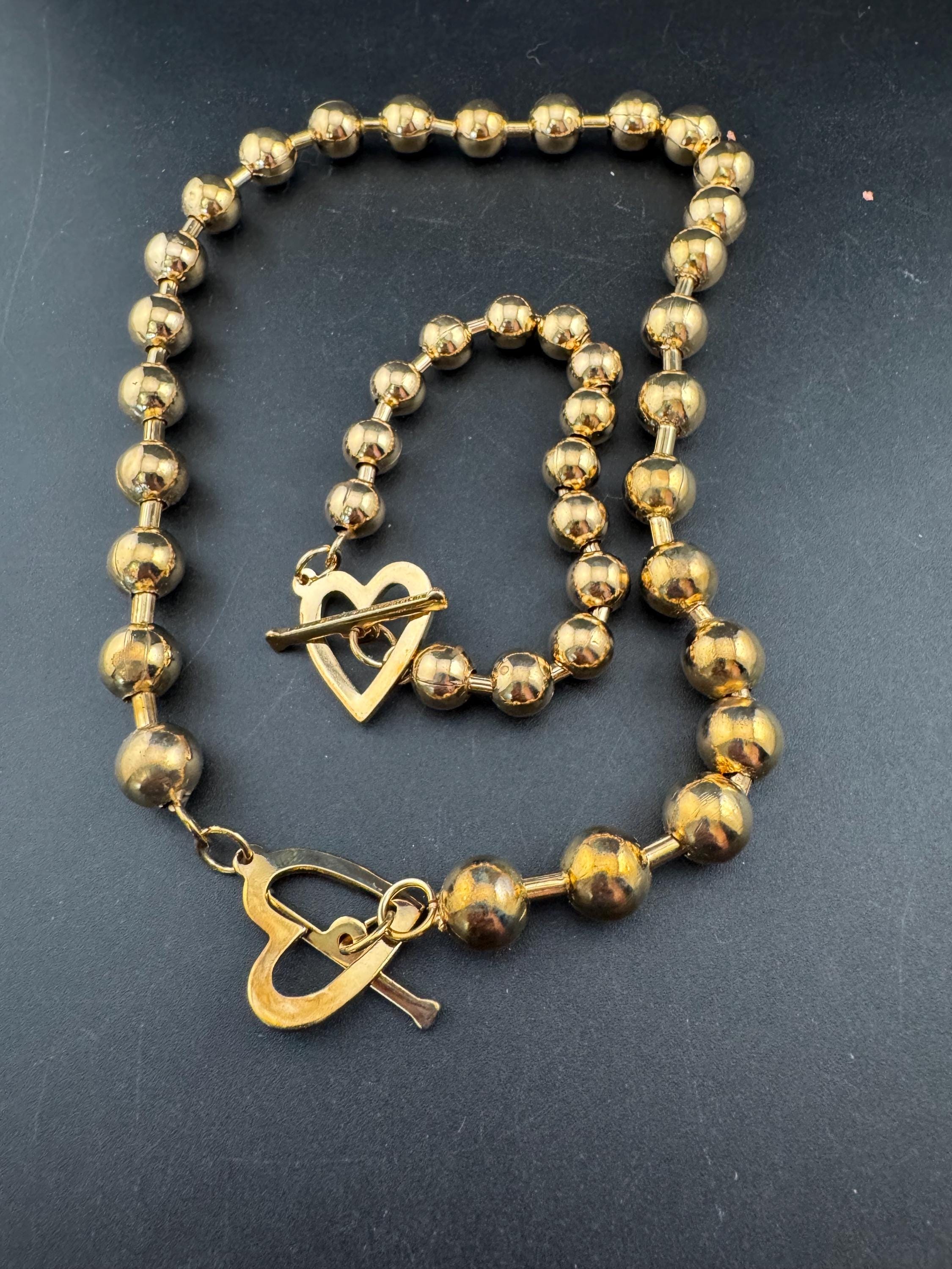 retro gold tone ball bead necklace and bracelet set with heart toggle clasp, old shop stock