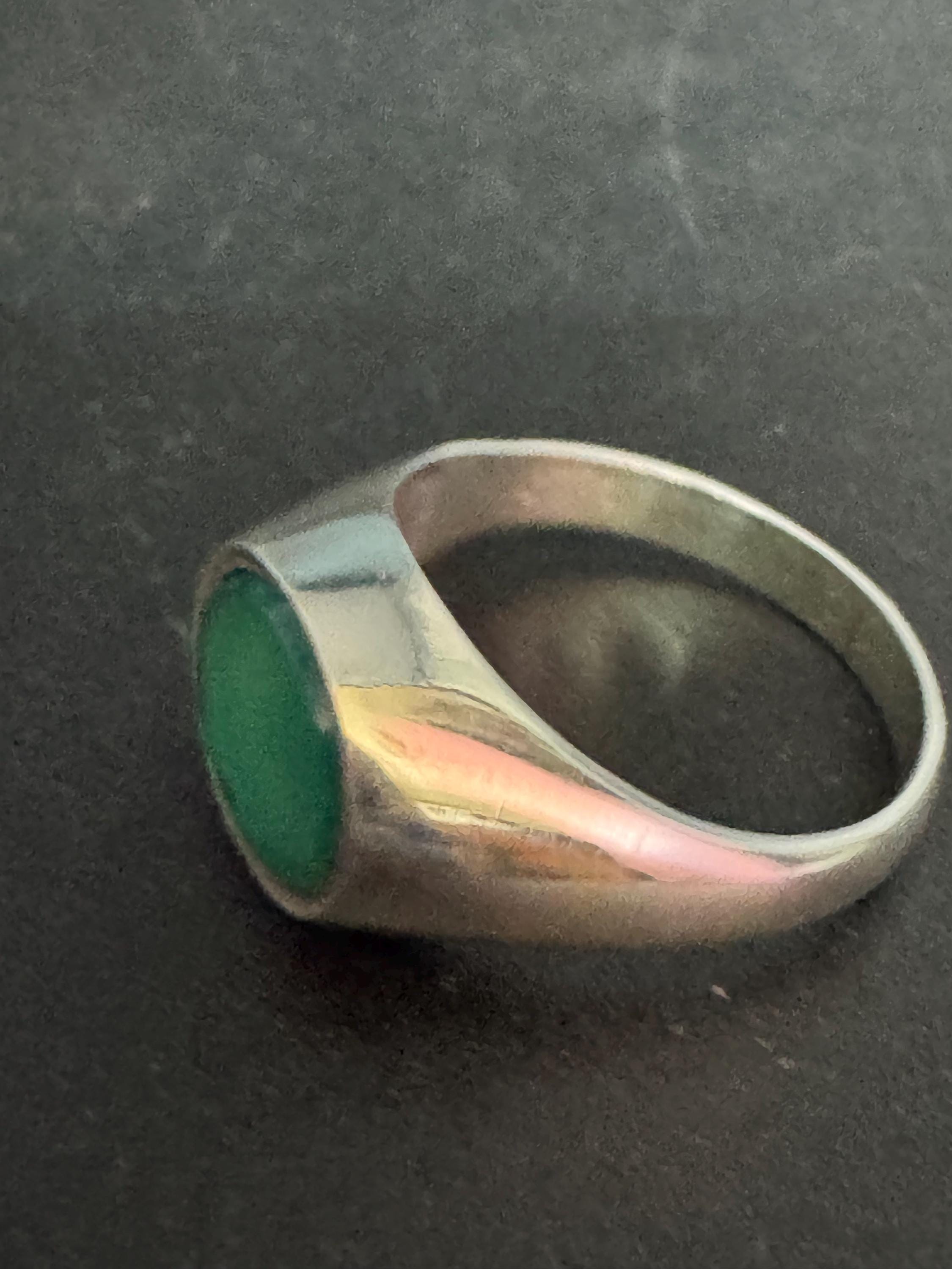 Uk Size N modernist 925 Sterling silver ring with green oval gemstone,