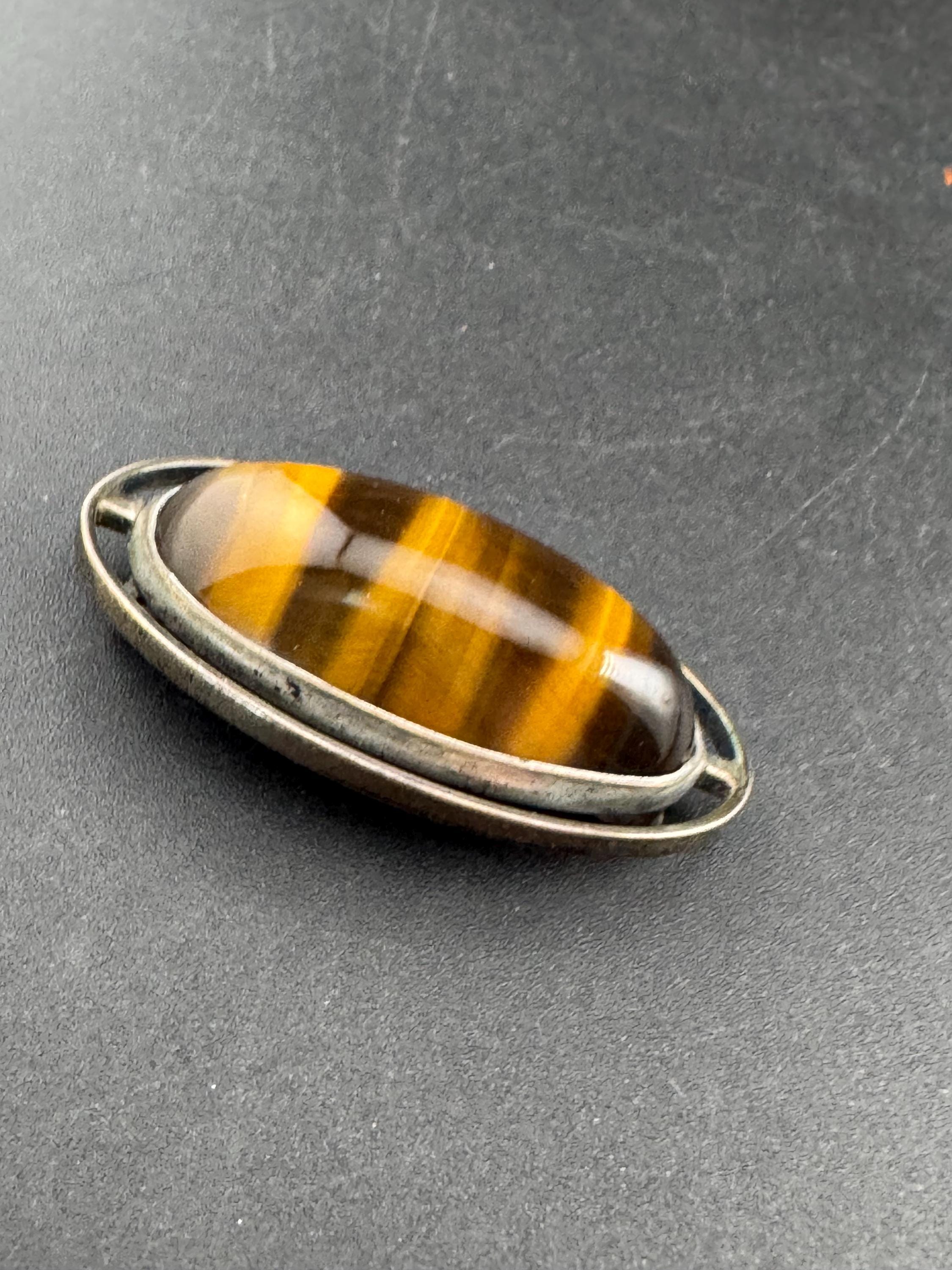 Vintage signed brown tiger’s eyes  modernist brooch 925 silver 15 grams 1970s