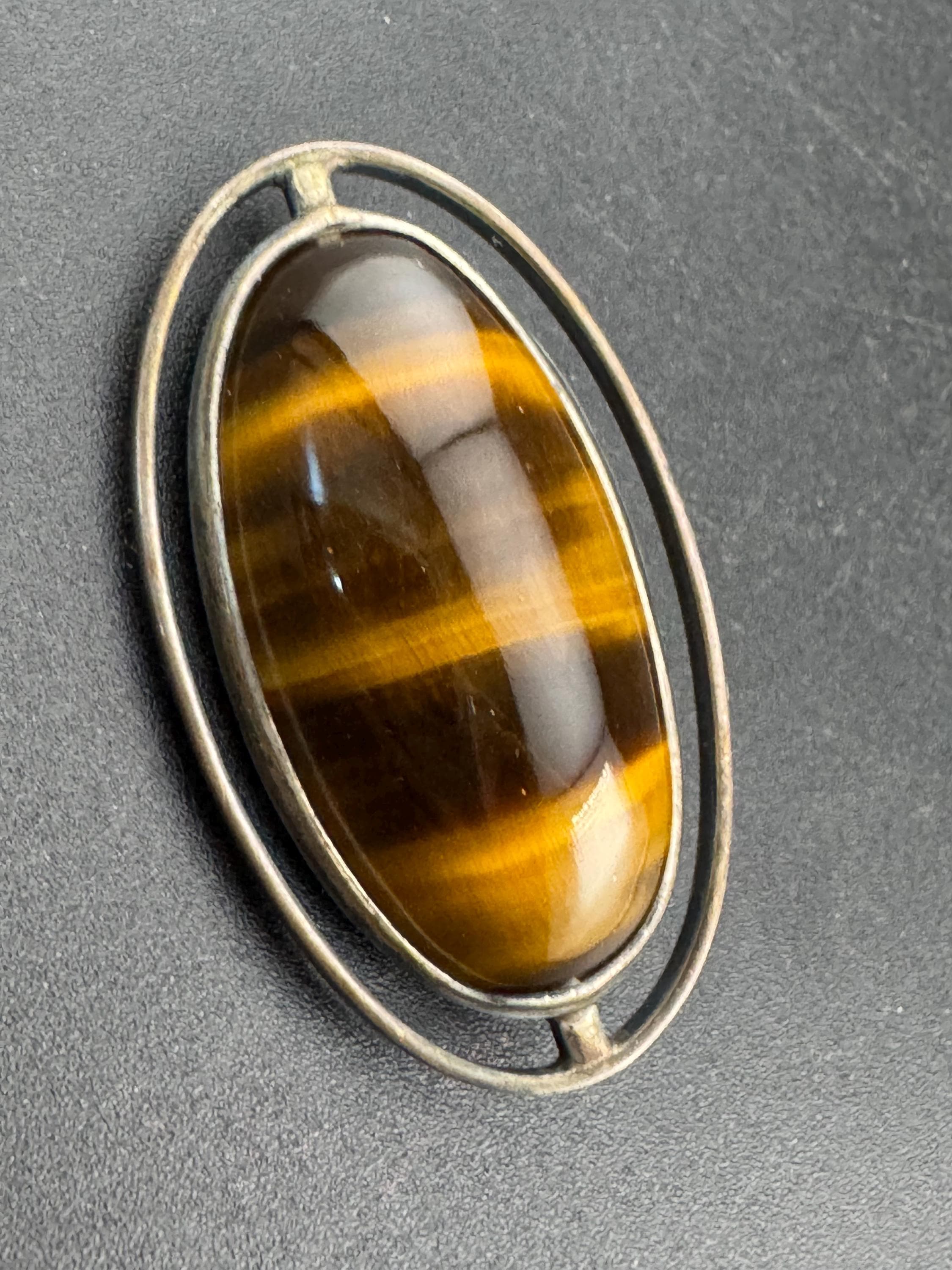 Vintage signed brown tiger’s eyes  modernist brooch 925 silver 15 grams 1970s
