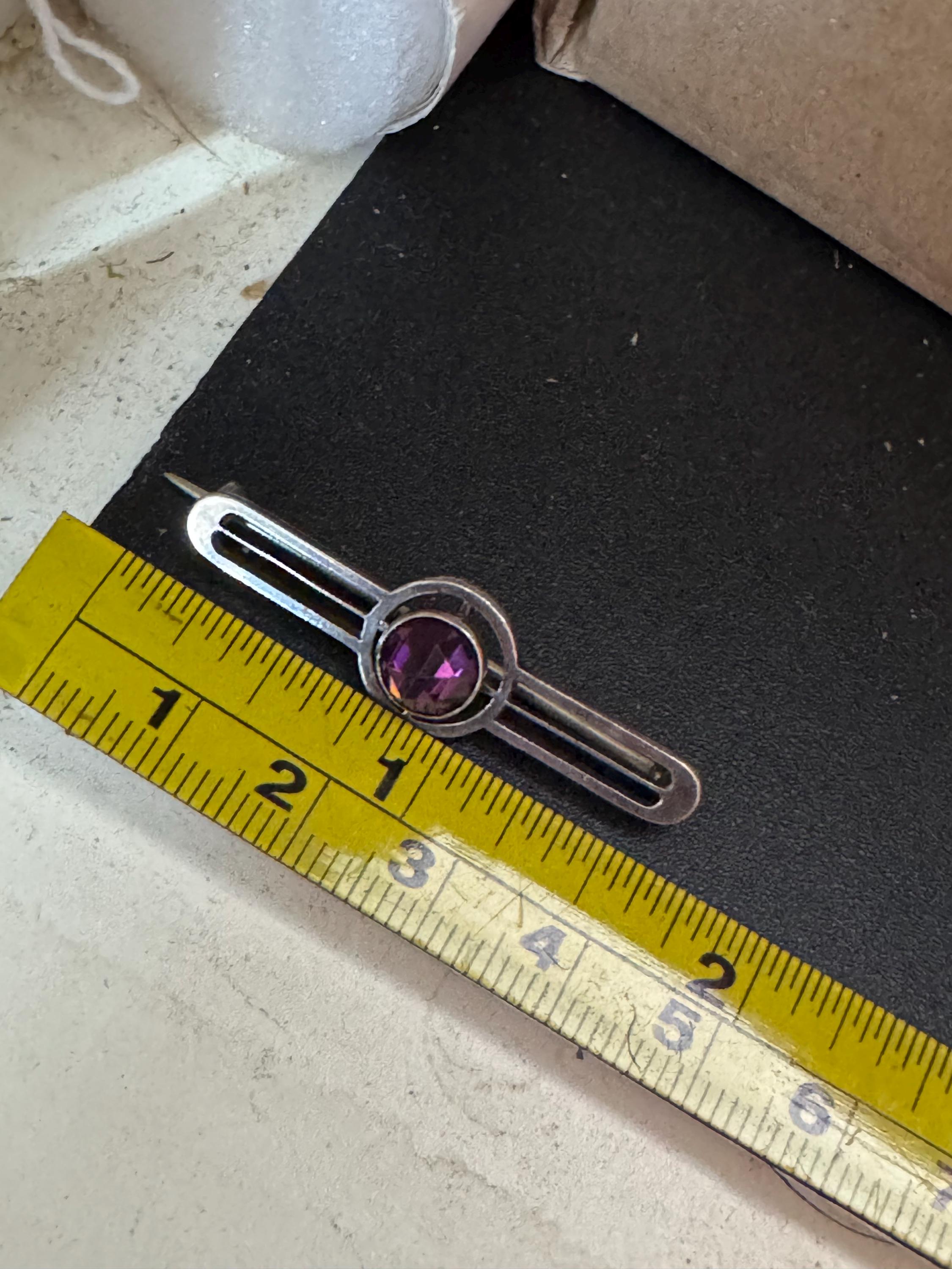 Vintage art nouveau 925 silver geometric bar brooch amethyst purple gemstone