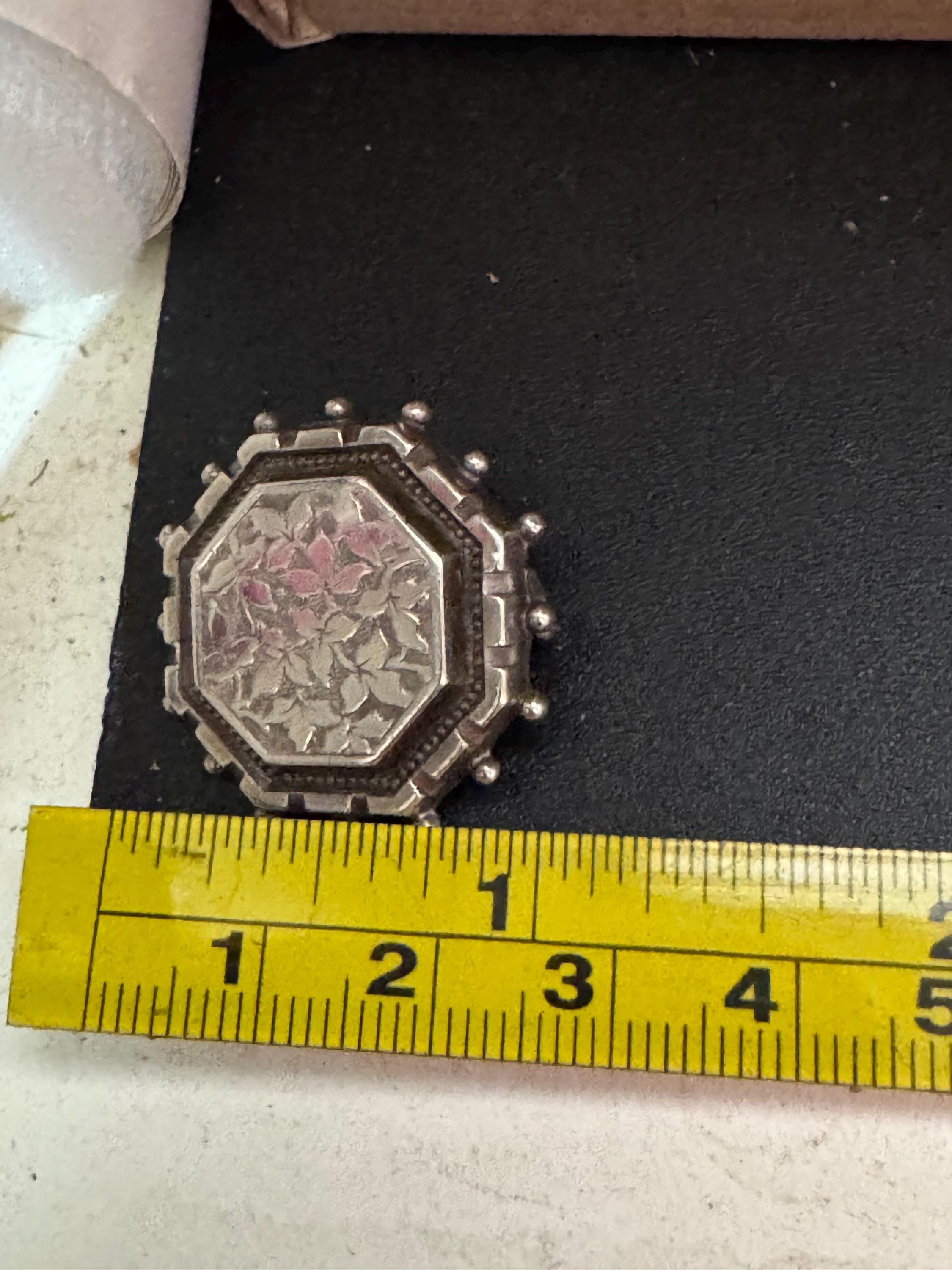 Victorian Etched Sterling Silver Brooch: Antique Hexagon Pin