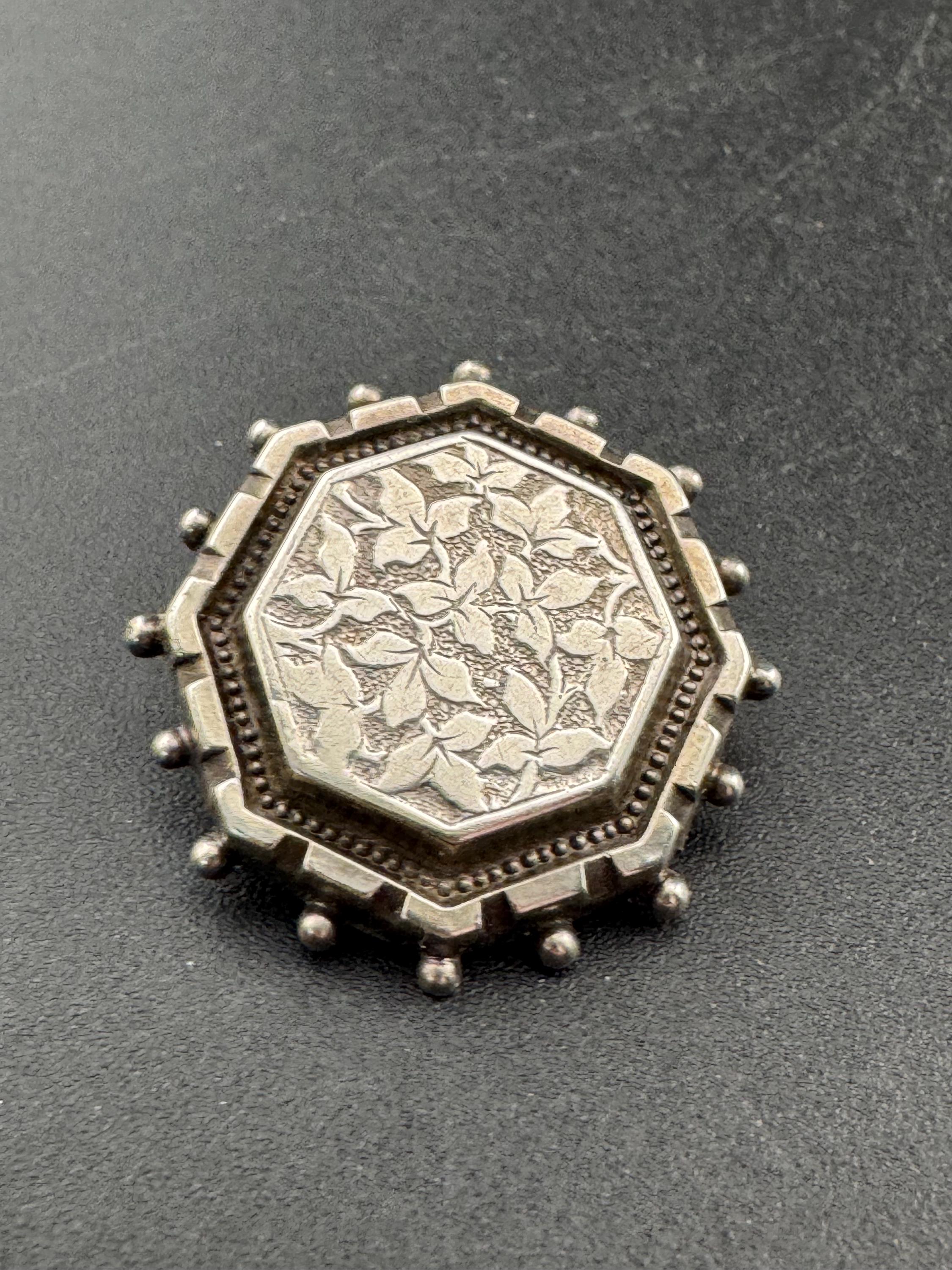 Victorian Etched Sterling Silver Brooch: Antique Hexagon Pin