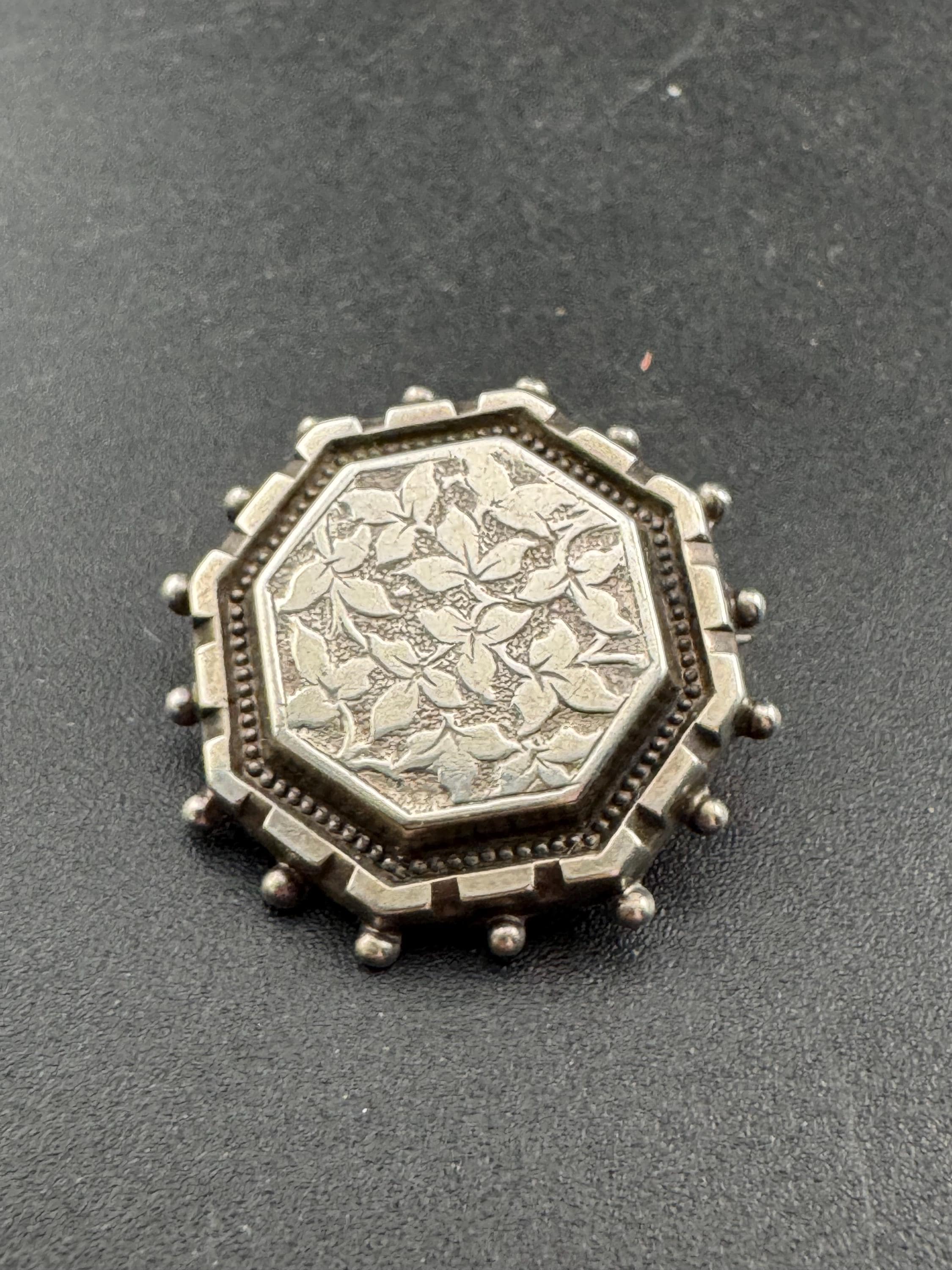 Victorian Etched Sterling Silver Brooch: Antique Hexagon Pin