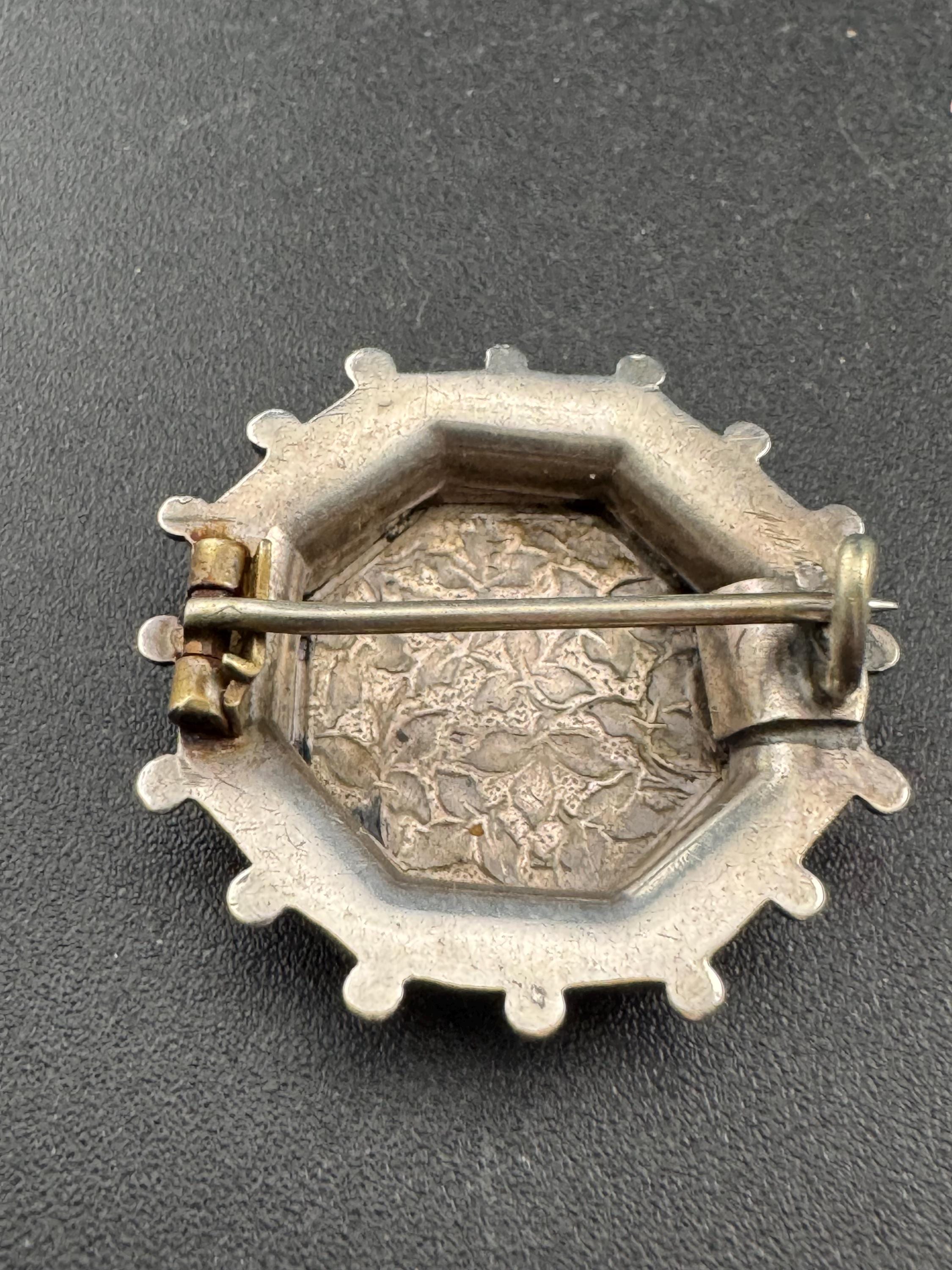 Victorian Etched Sterling Silver Brooch: Antique Hexagon Pin