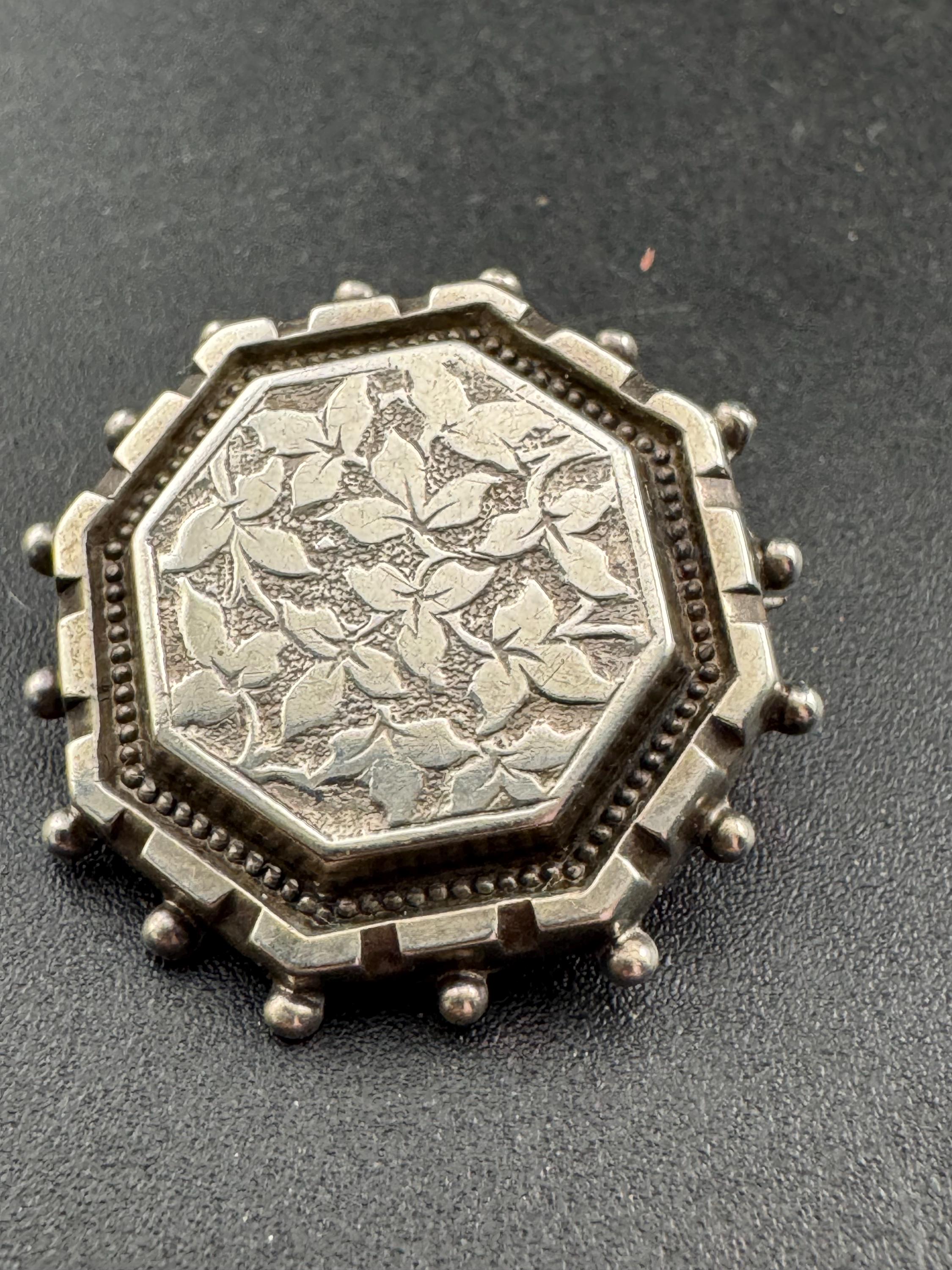 Victorian Etched Sterling Silver Brooch: Antique Hexagon Pin