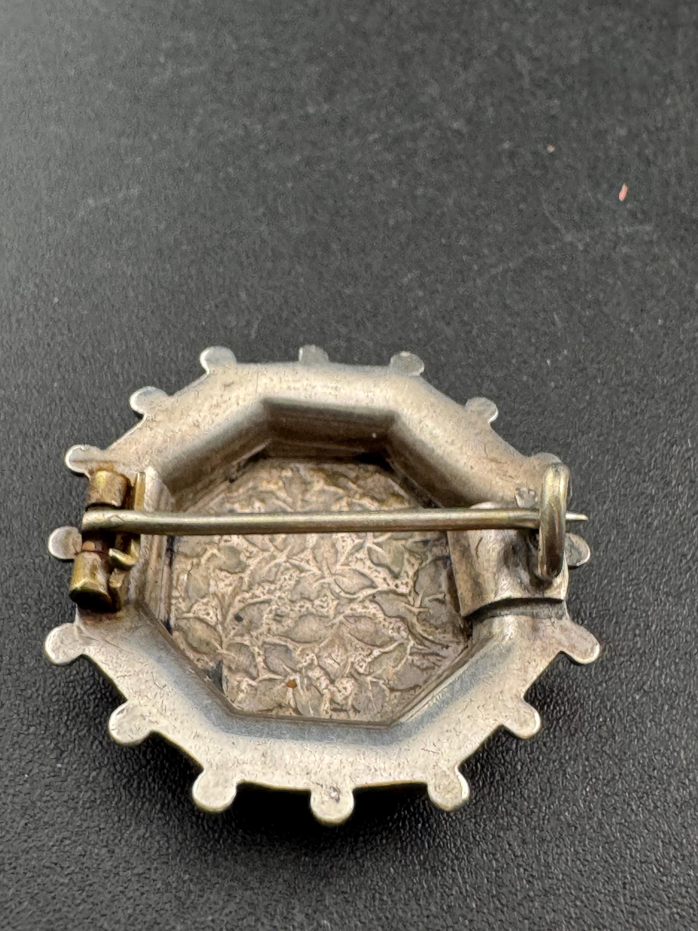 Victorian Etched Sterling Silver Brooch: Antique Hexagon Pin