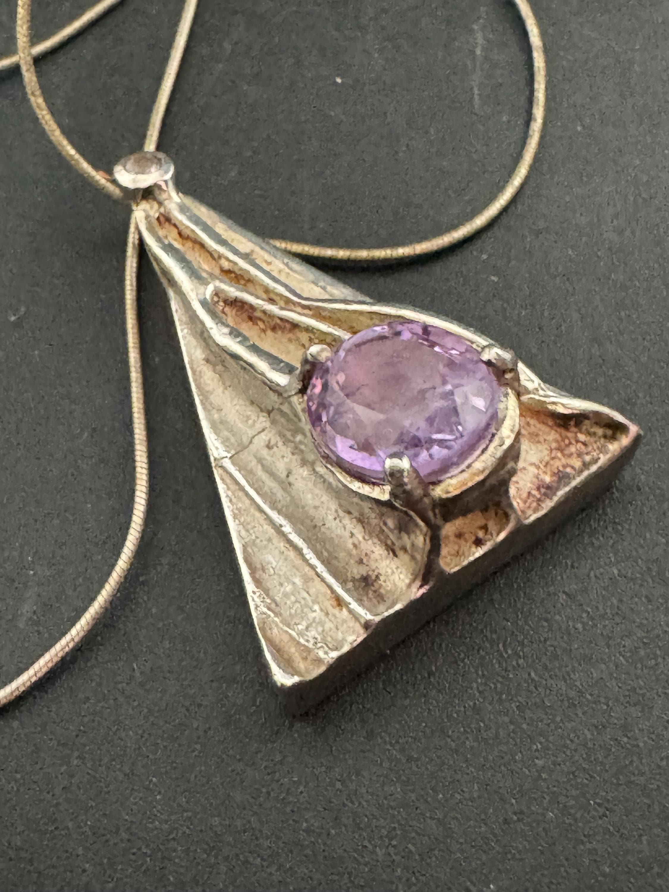 Vintage 1970s Brutalist Sterling Silver Amethyst Pendant Necklace