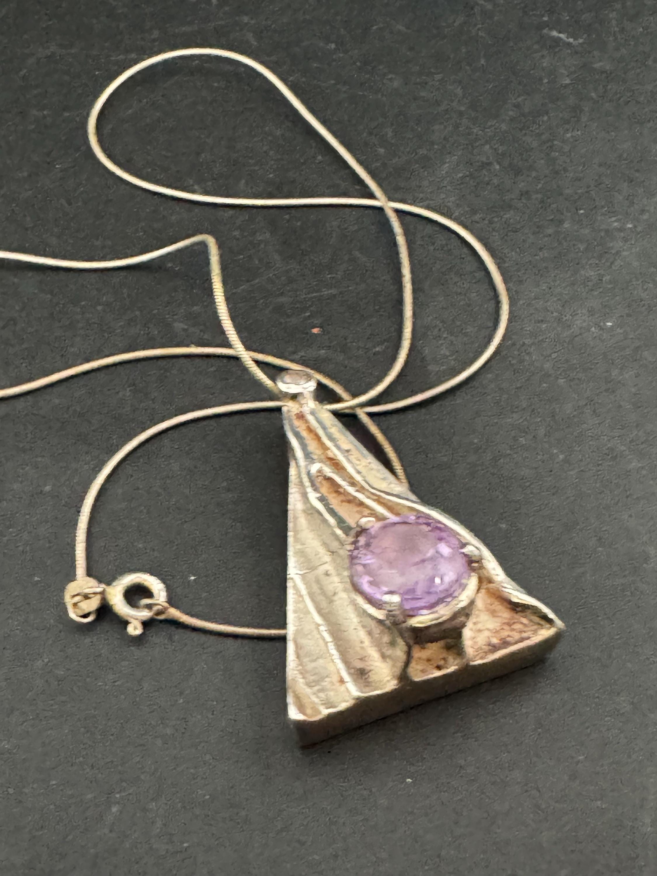 Vintage 1970s Brutalist Sterling Silver Amethyst Pendant Necklace