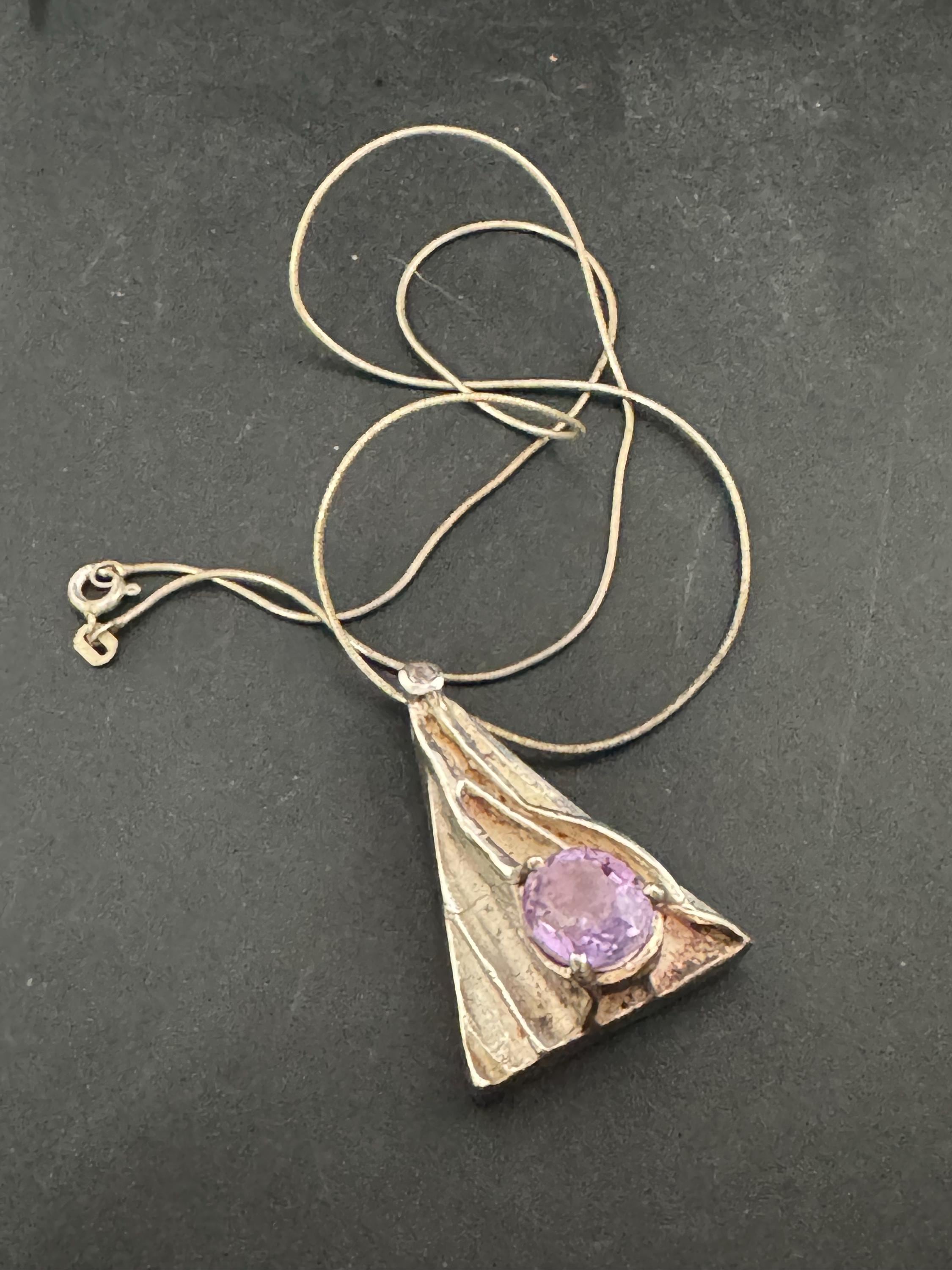Vintage 1970s Brutalist Sterling Silver Amethyst Pendant Necklace