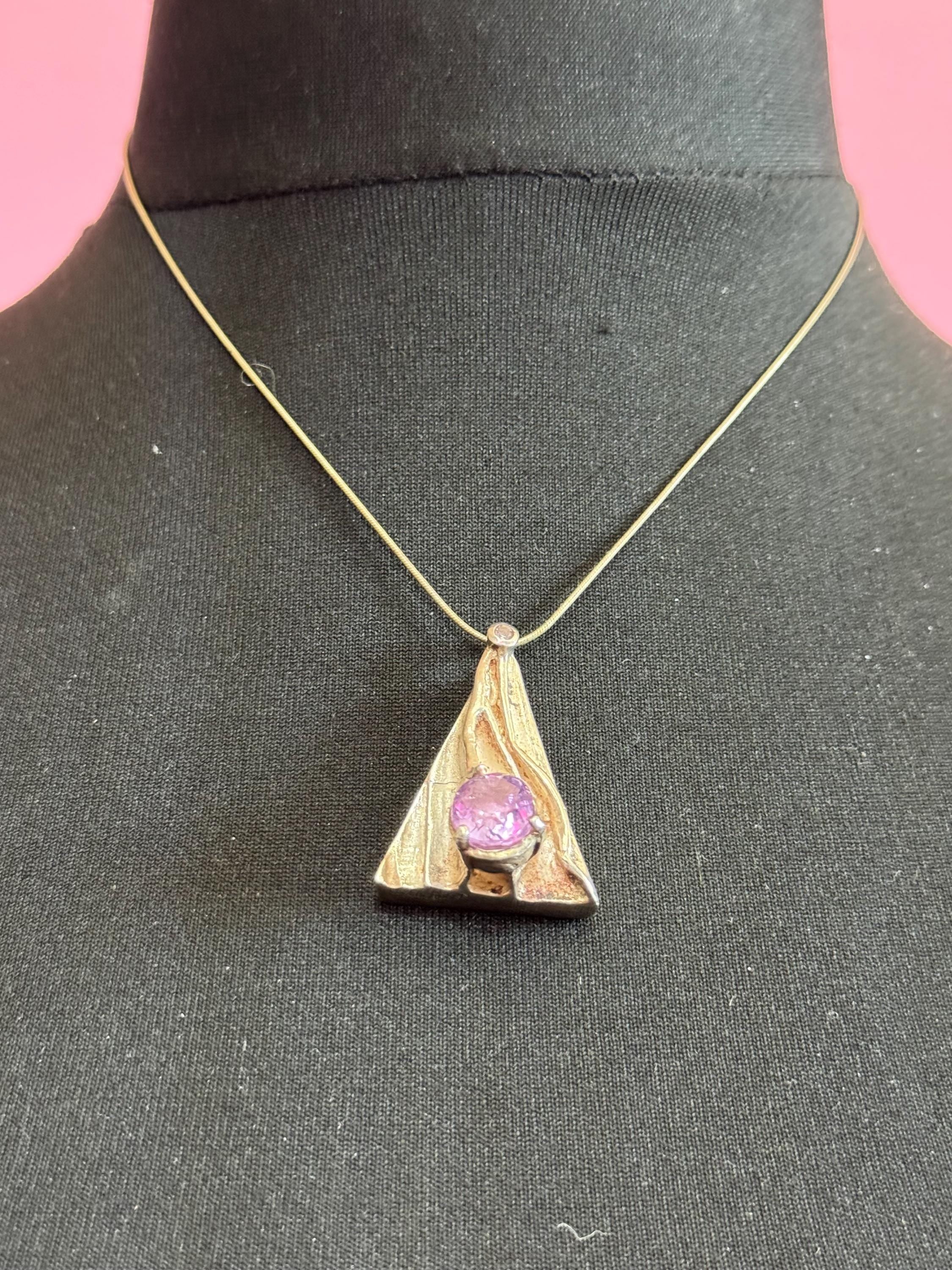 Vintage 1970s Brutalist Sterling Silver Amethyst Pendant Necklace