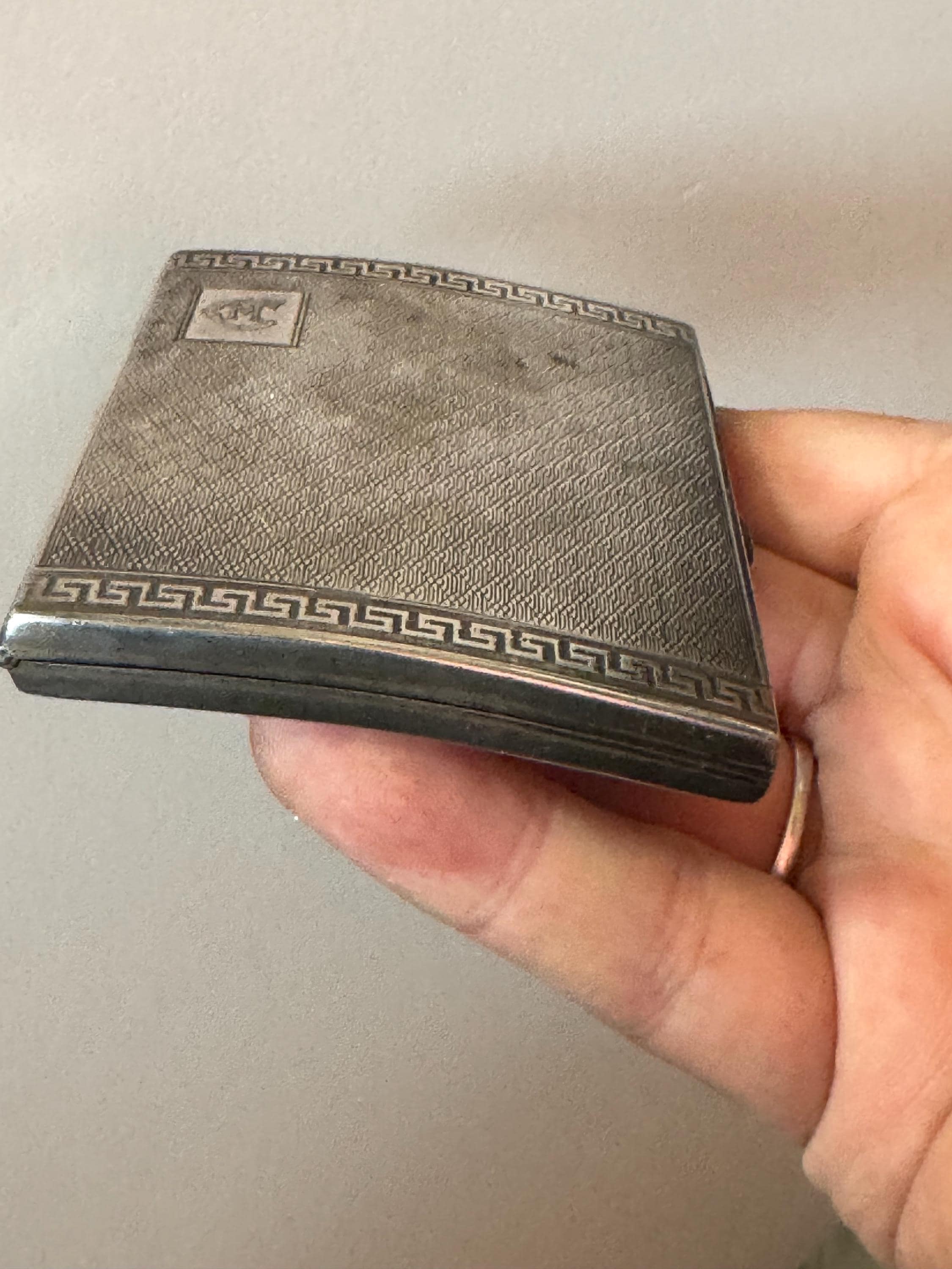 Antique 1926 Birmingham Sterling silver cigarette case with Greek key design and monogram 67.29 grams