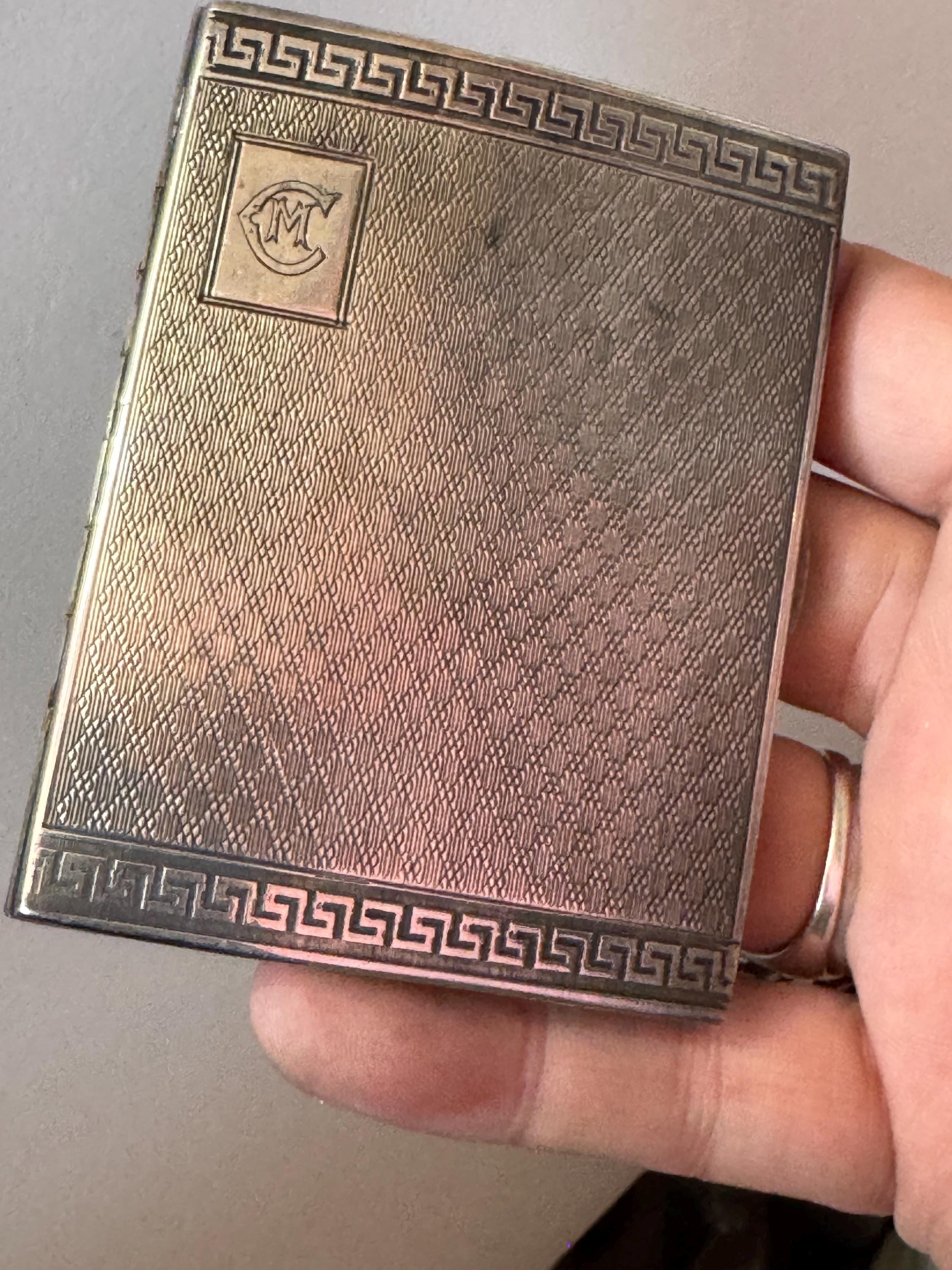 Antique 1926 Birmingham Sterling silver cigarette case with Greek key design and monogram 67.29 grams