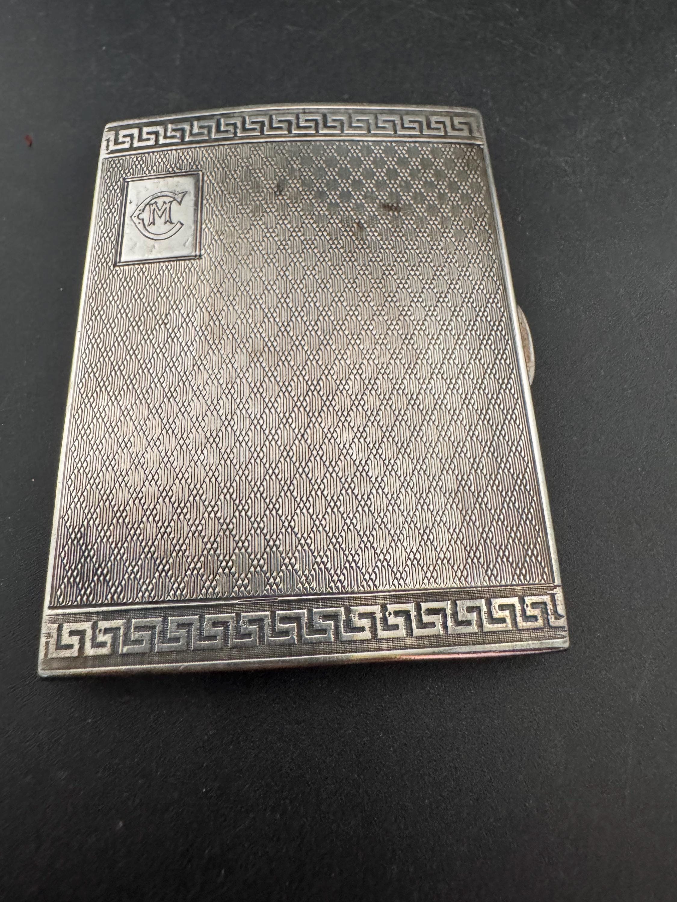 Antique 1926 Birmingham Sterling silver cigarette case with Greek key design and monogram 67.29 grams