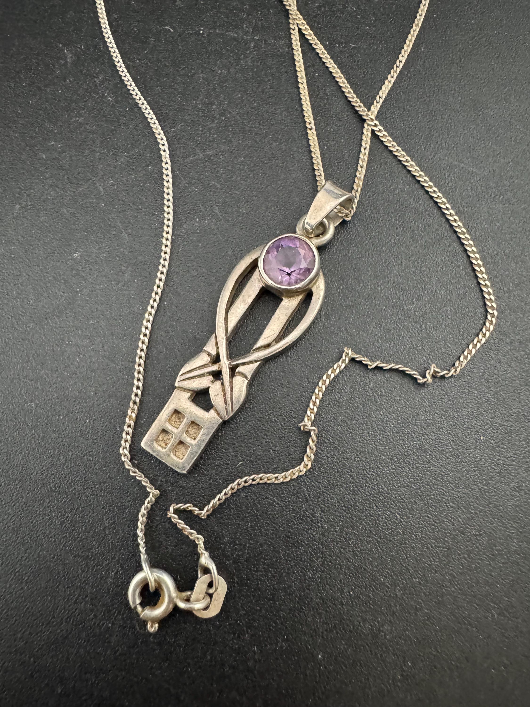925 sterling Silver amethyst gemstone pendant necklace Charles Rennie Mackintosh style, arts & crafts