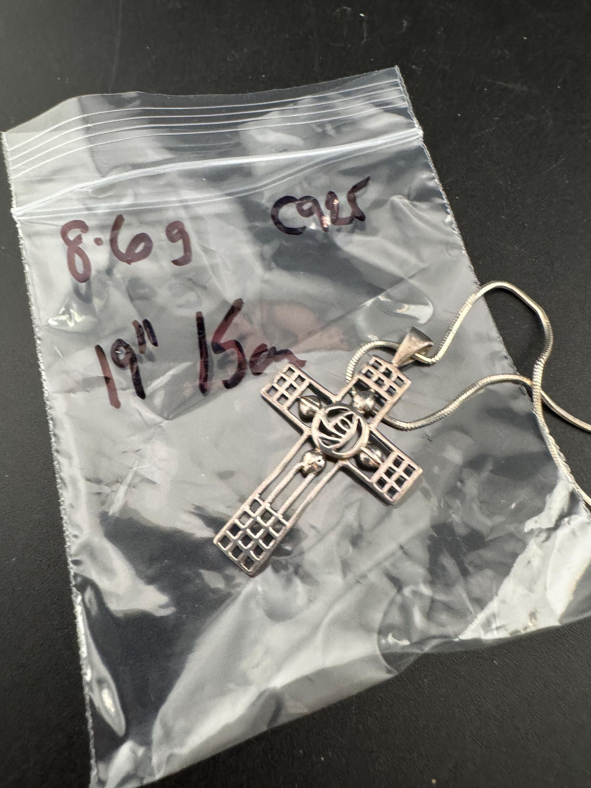 Sterling Silver Openwork Cross Pendant Necklace: Mackintosh Style