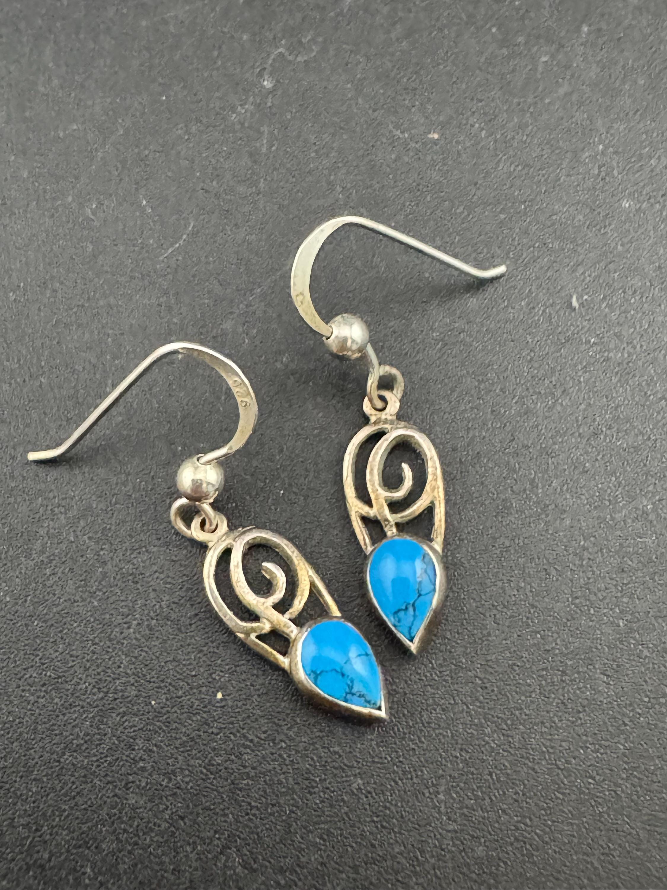 Vintage Turquoise Sterling Silver Drop Earrings: Arts & Crafts Style