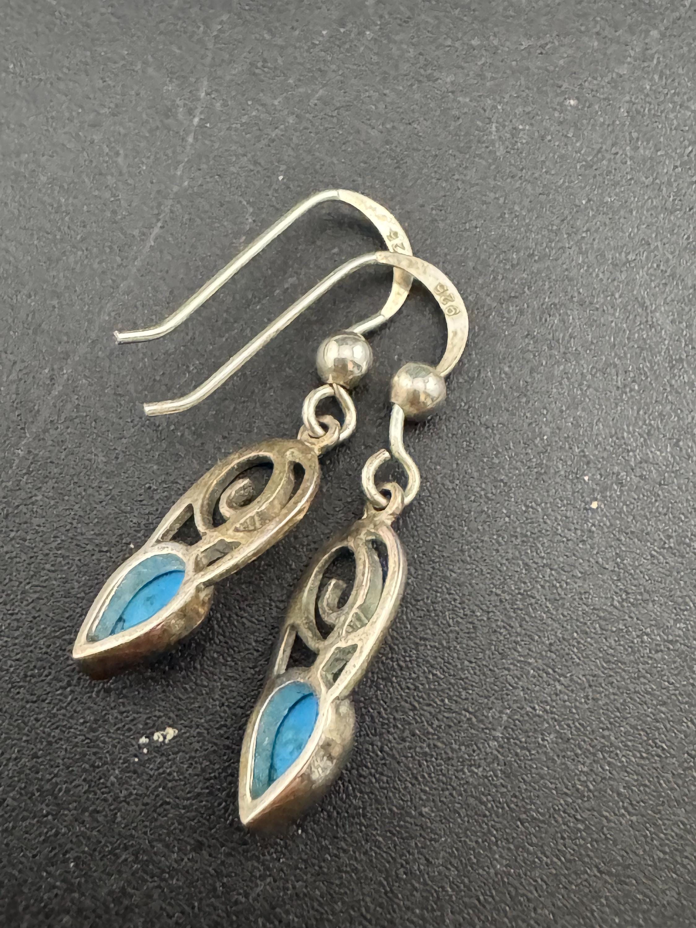 Vintage Turquoise Sterling Silver Drop Earrings: Arts & Crafts Style