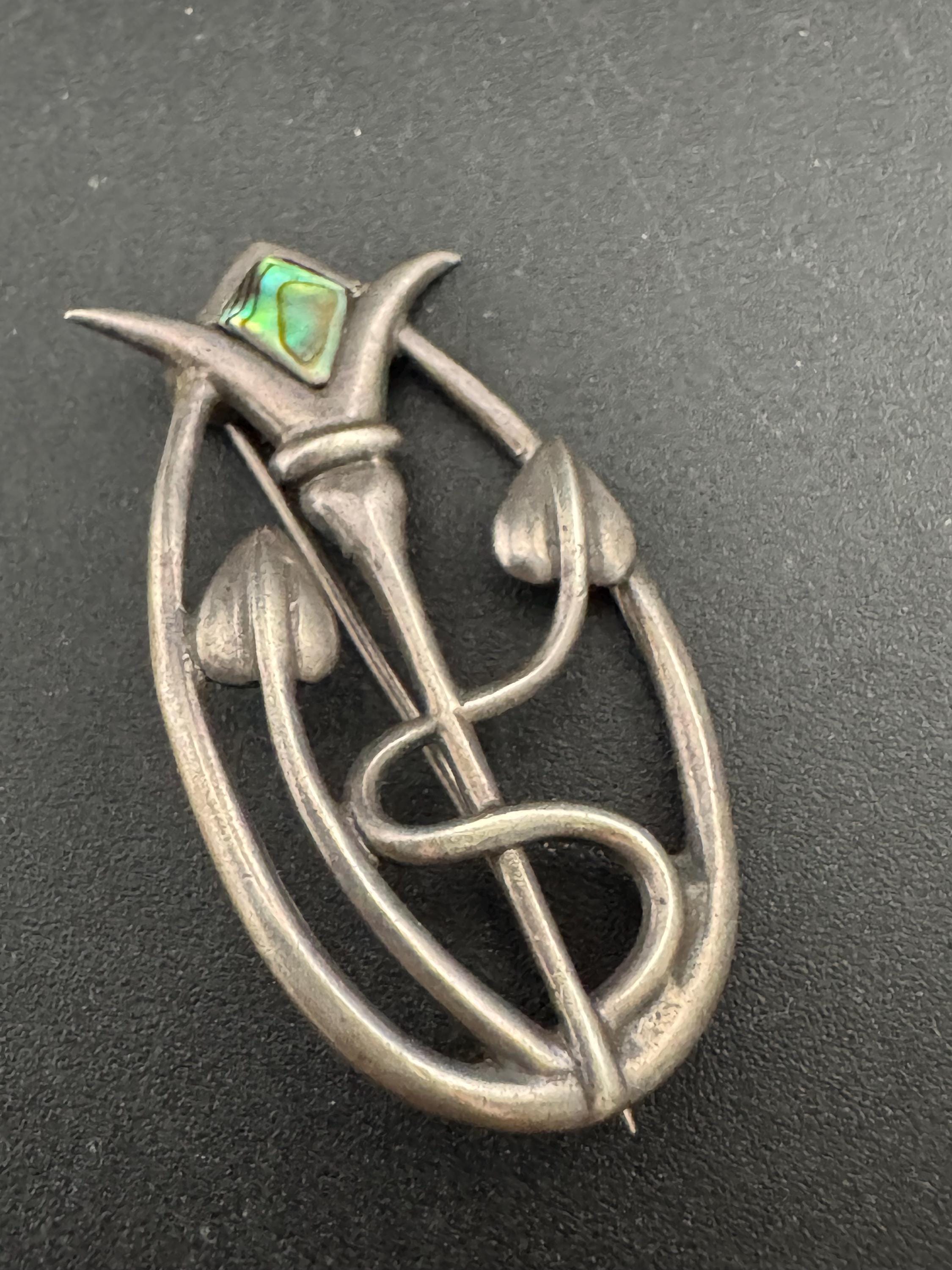 Sterling silver 925 arts and crafts style abalone shell Rennie mackintosh style floral Brooch