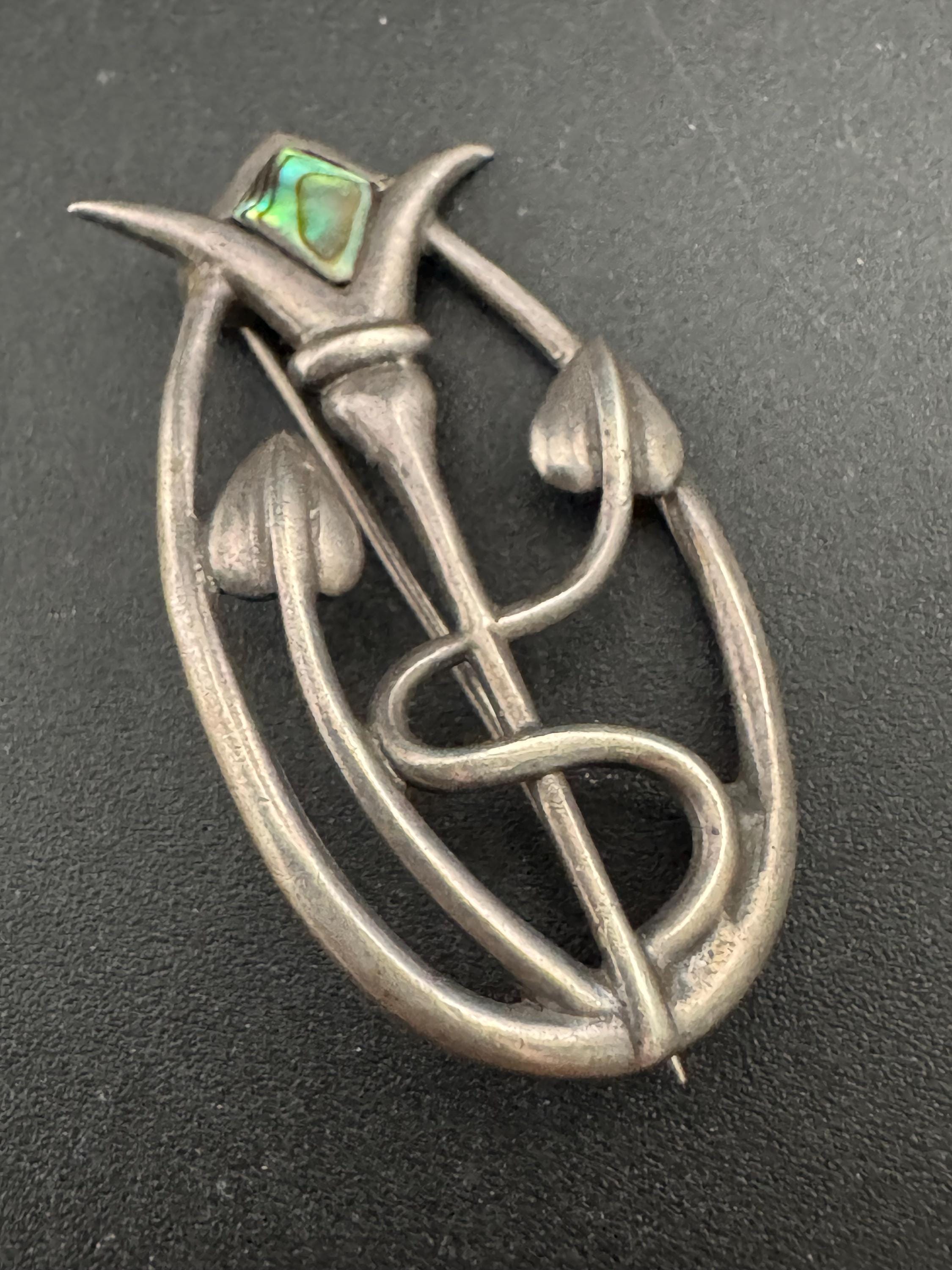 Sterling silver 925 arts and crafts style abalone shell Rennie mackintosh style floral Brooch