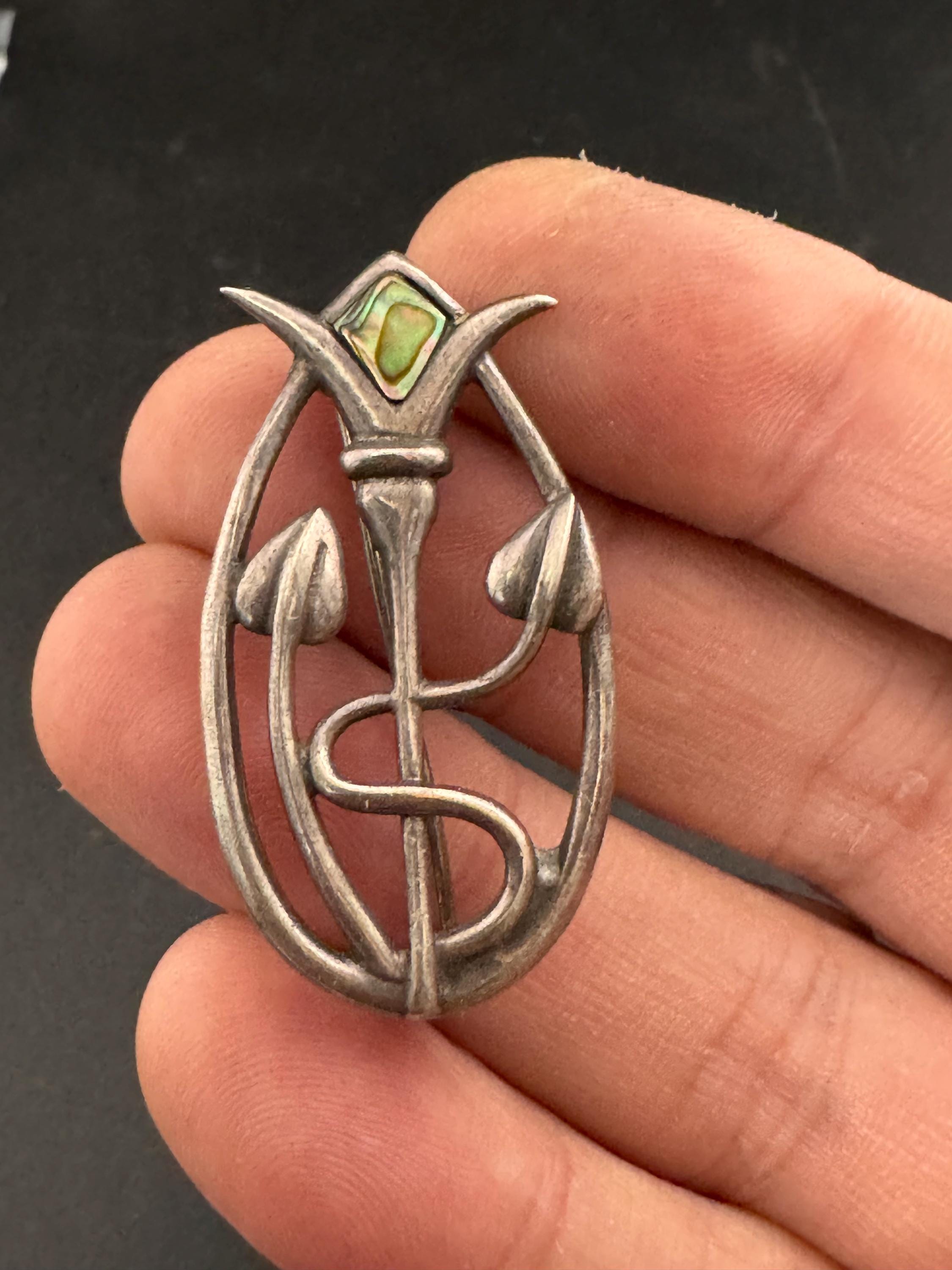 Sterling silver 925 arts and crafts style abalone shell Rennie mackintosh style floral Brooch