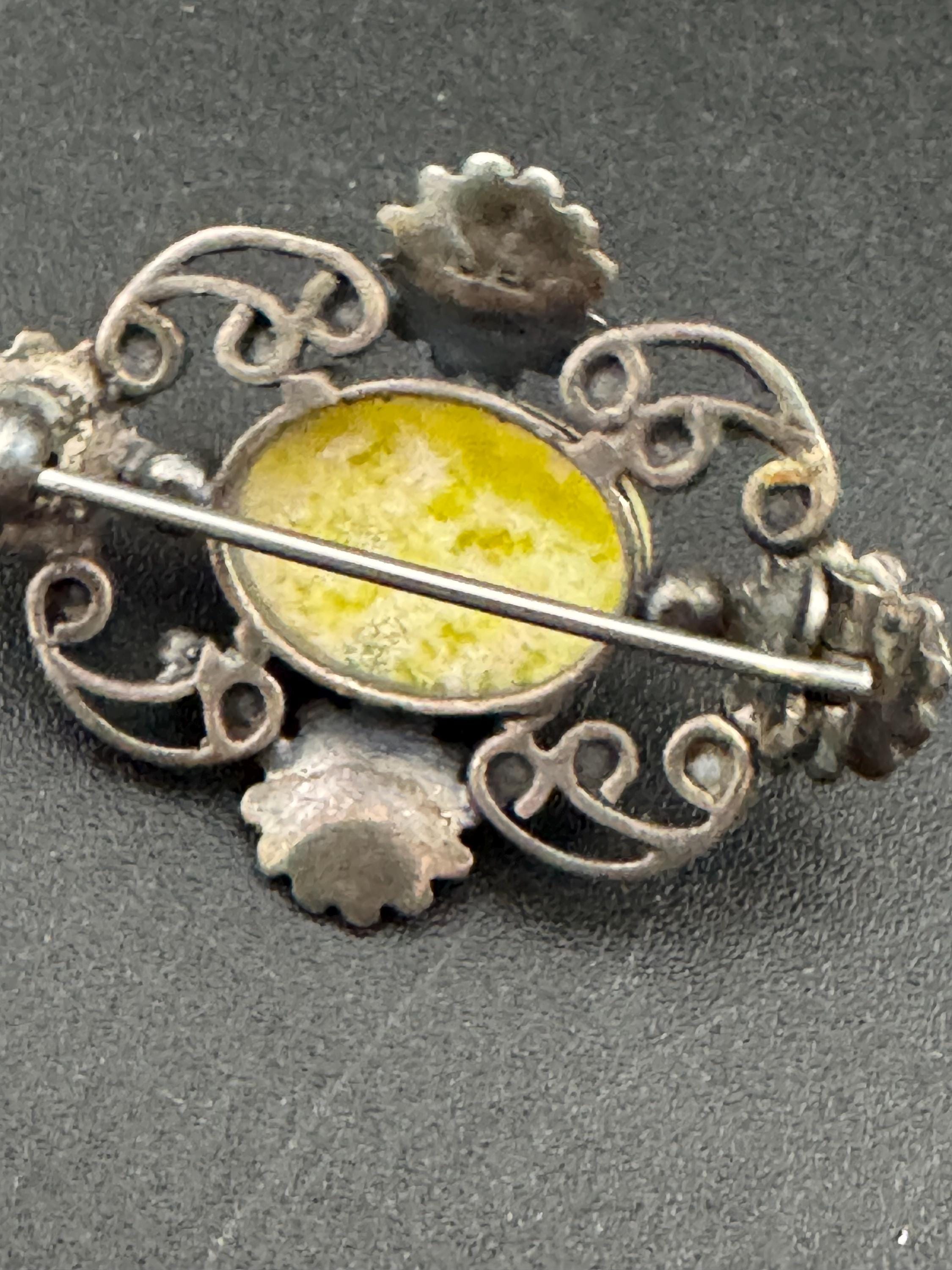 Scottish Iona marble yellow gemstone 925 sterling silver antique brooch