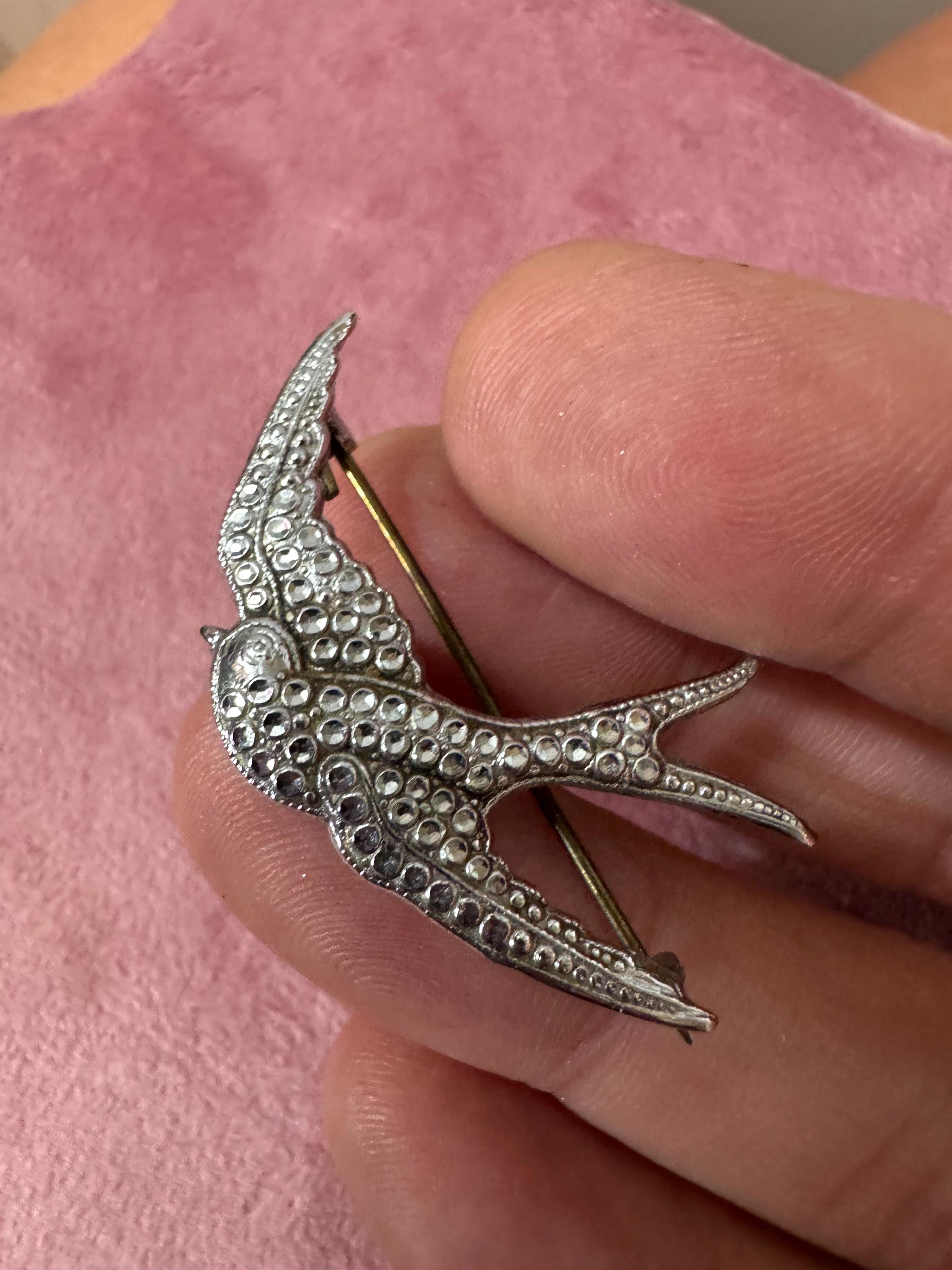 Vintage Staybrite Silver Flying Swallow Brooch: Marcasite Style