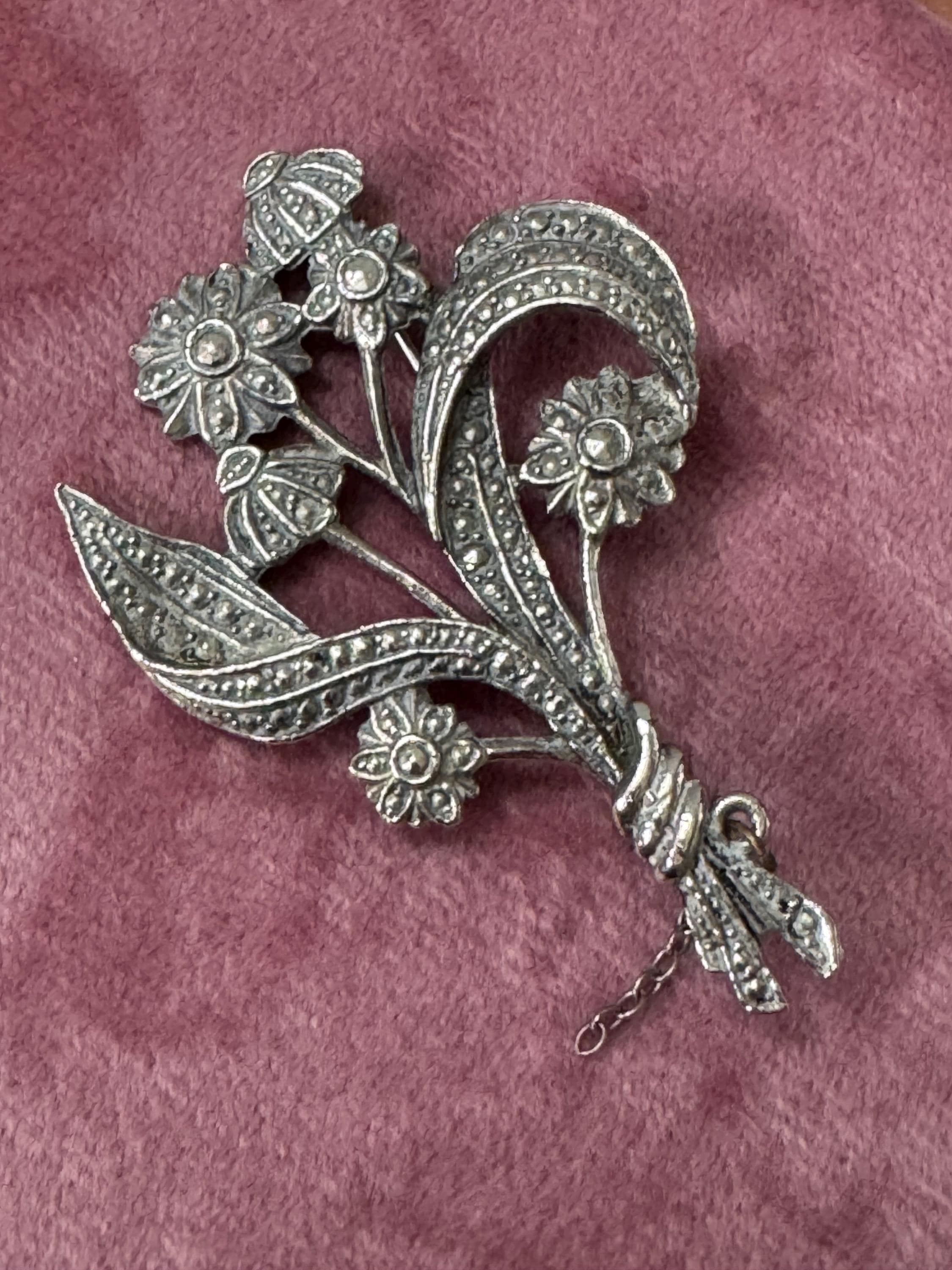 Vintage Mid century faux Marcasite Chrome Backed Floral bouquet flower Brooch