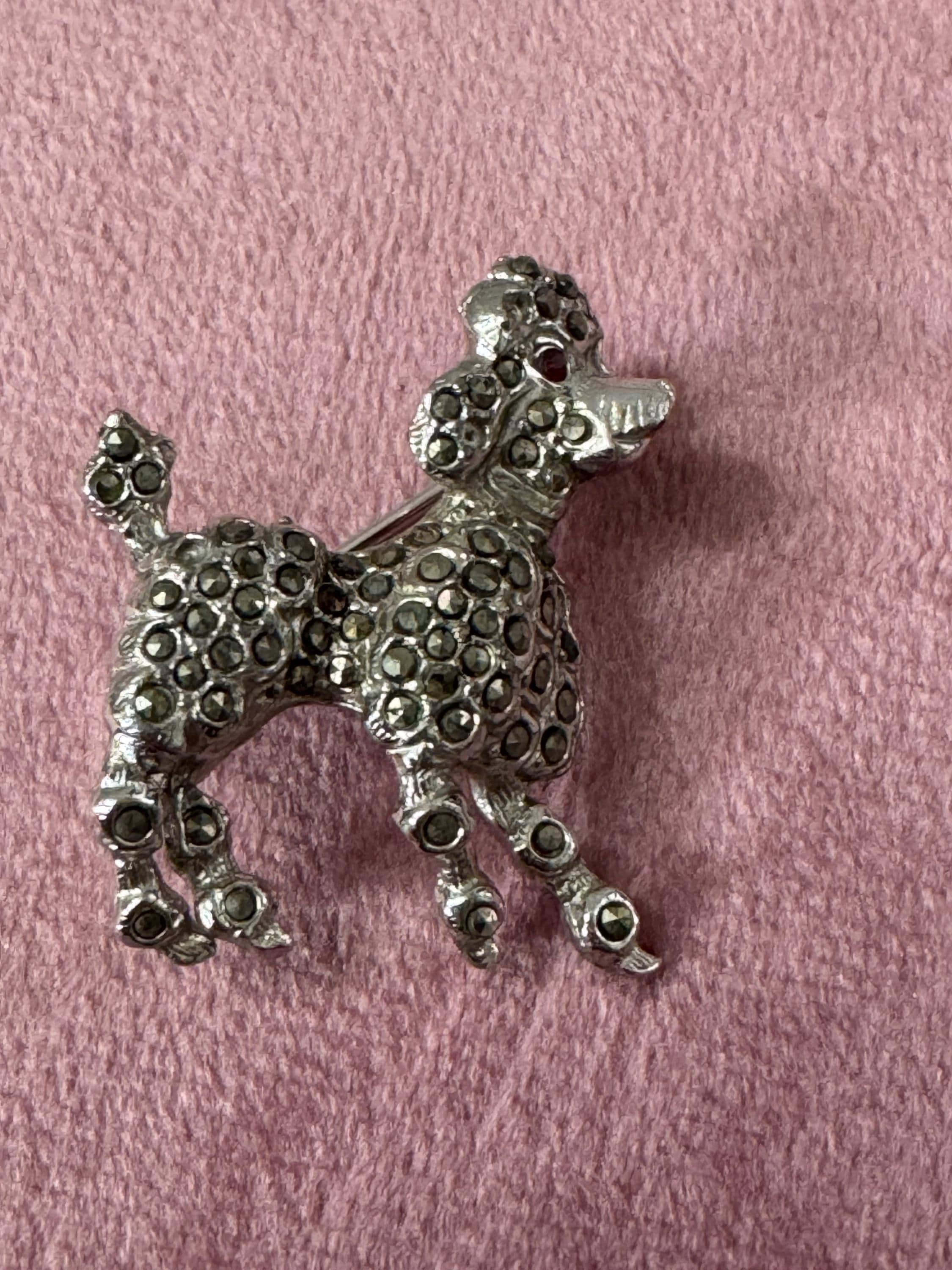 Vintage POODLE Dog Marcasite Silver Tone Brooch Pin 1950s 1960s 1970s