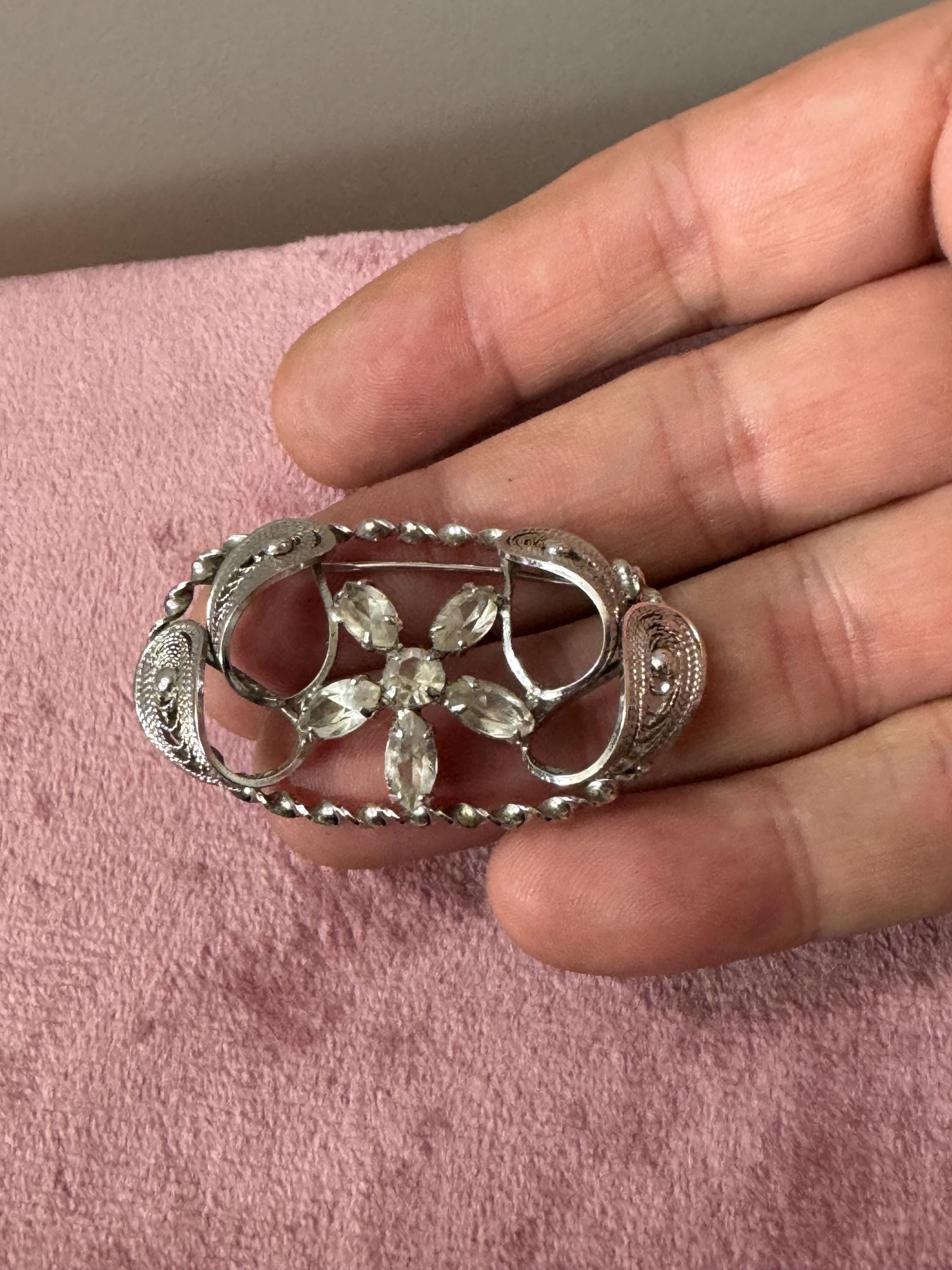 Vintage signed Sterling silver filigree clear diamanté floral brooch