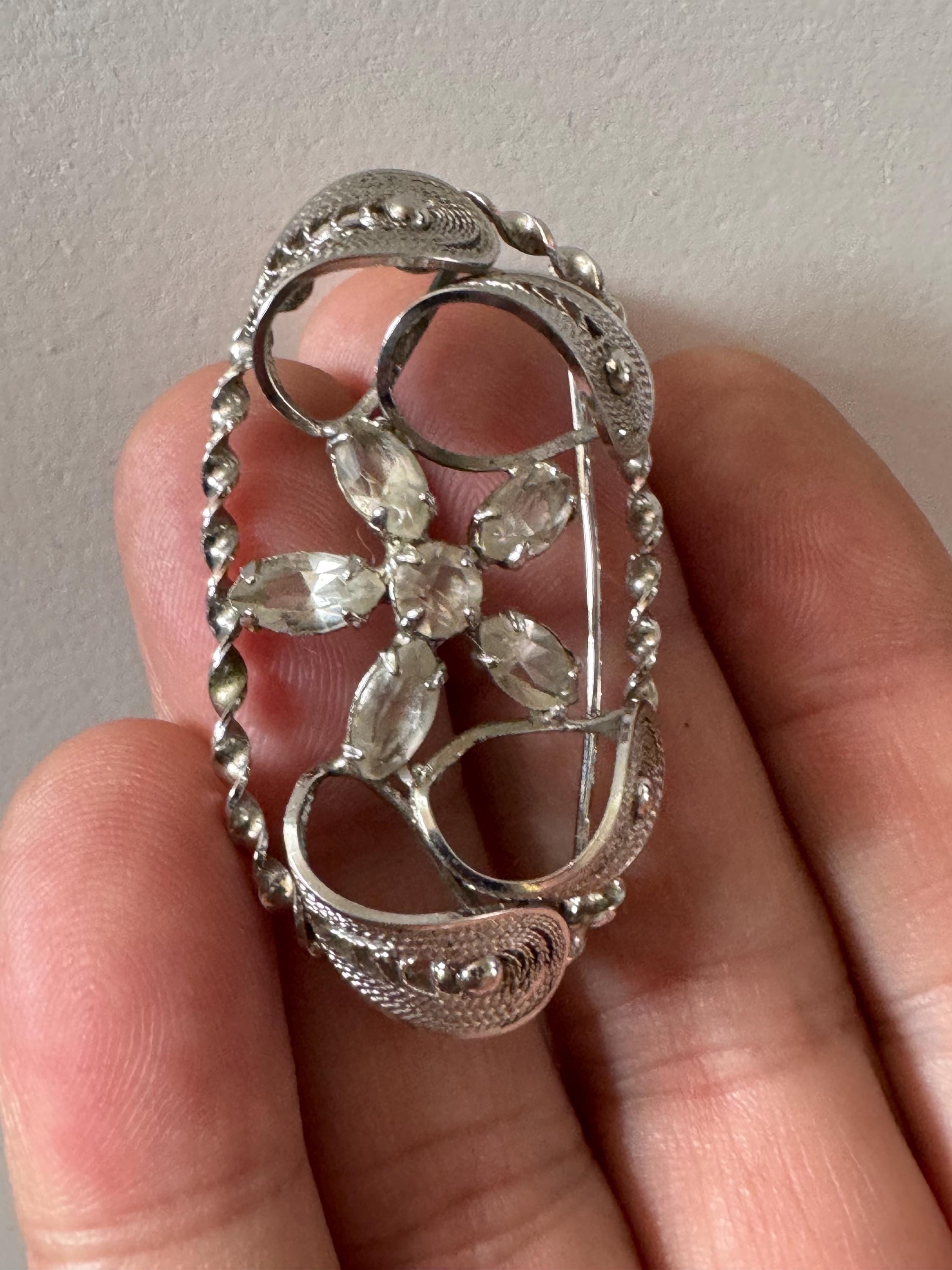 Vintage signed Sterling silver filigree clear diamanté floral brooch