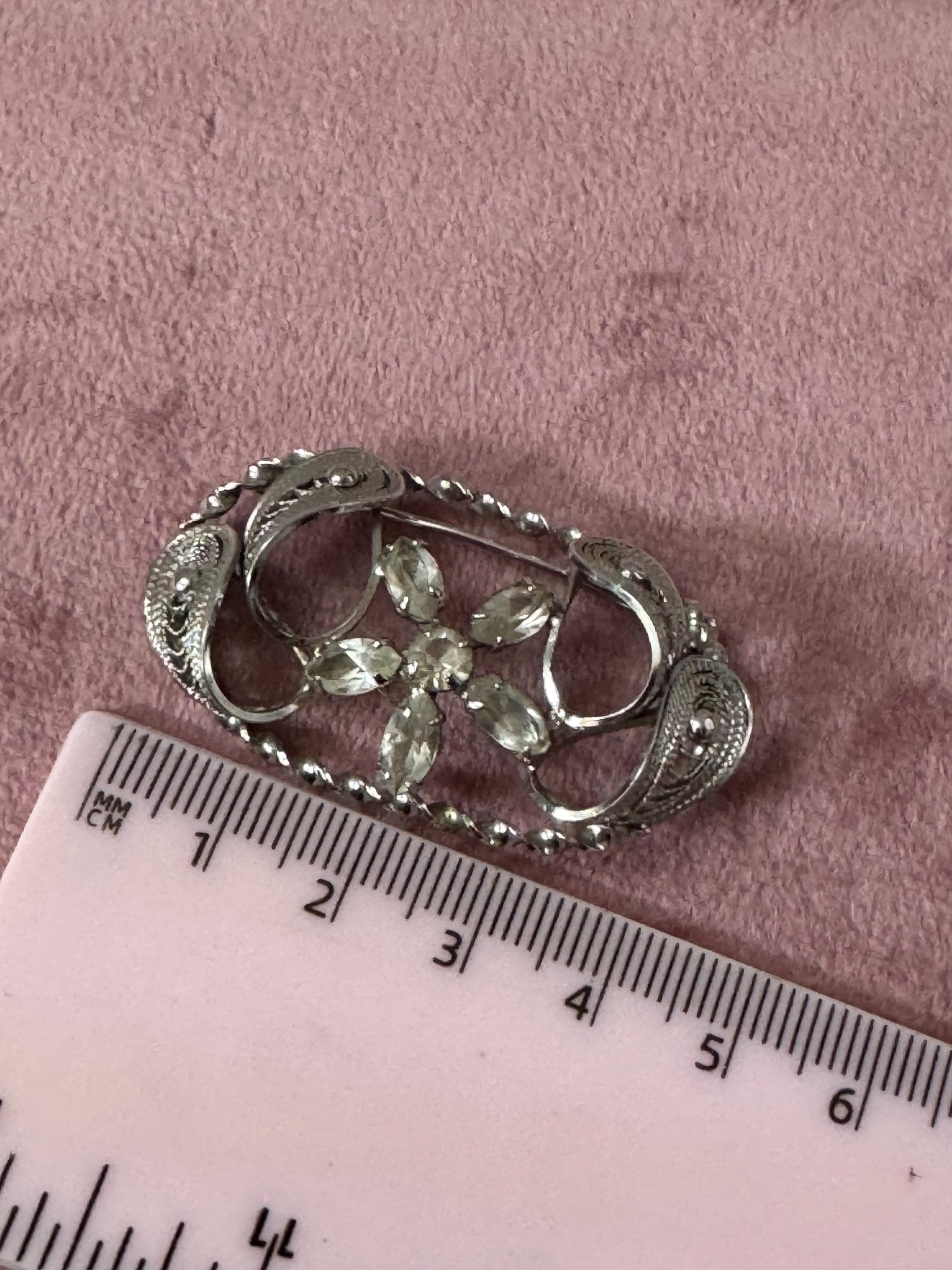 Vintage signed Sterling silver filigree clear diamanté floral brooch