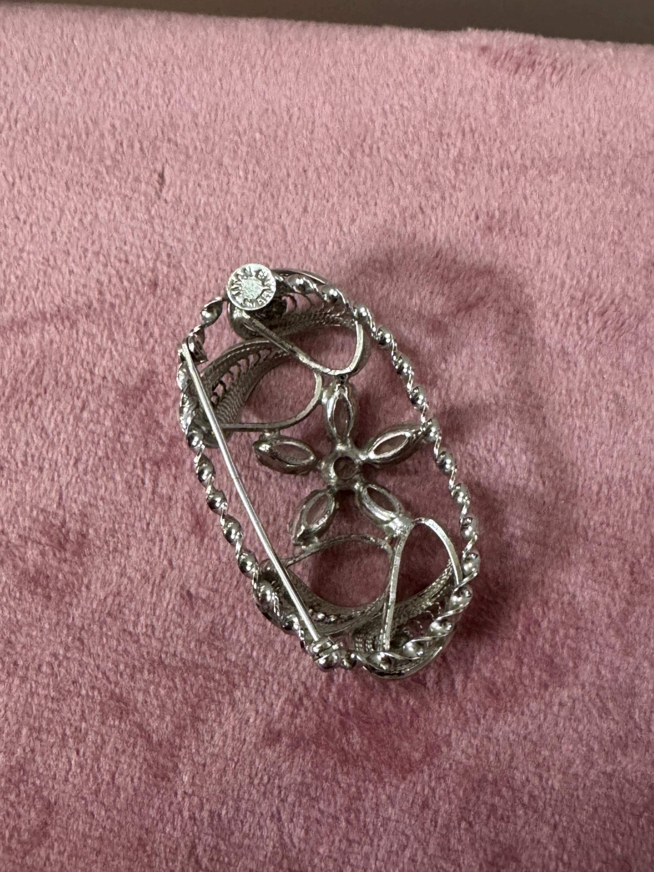 Vintage signed Sterling silver filigree clear diamanté floral brooch