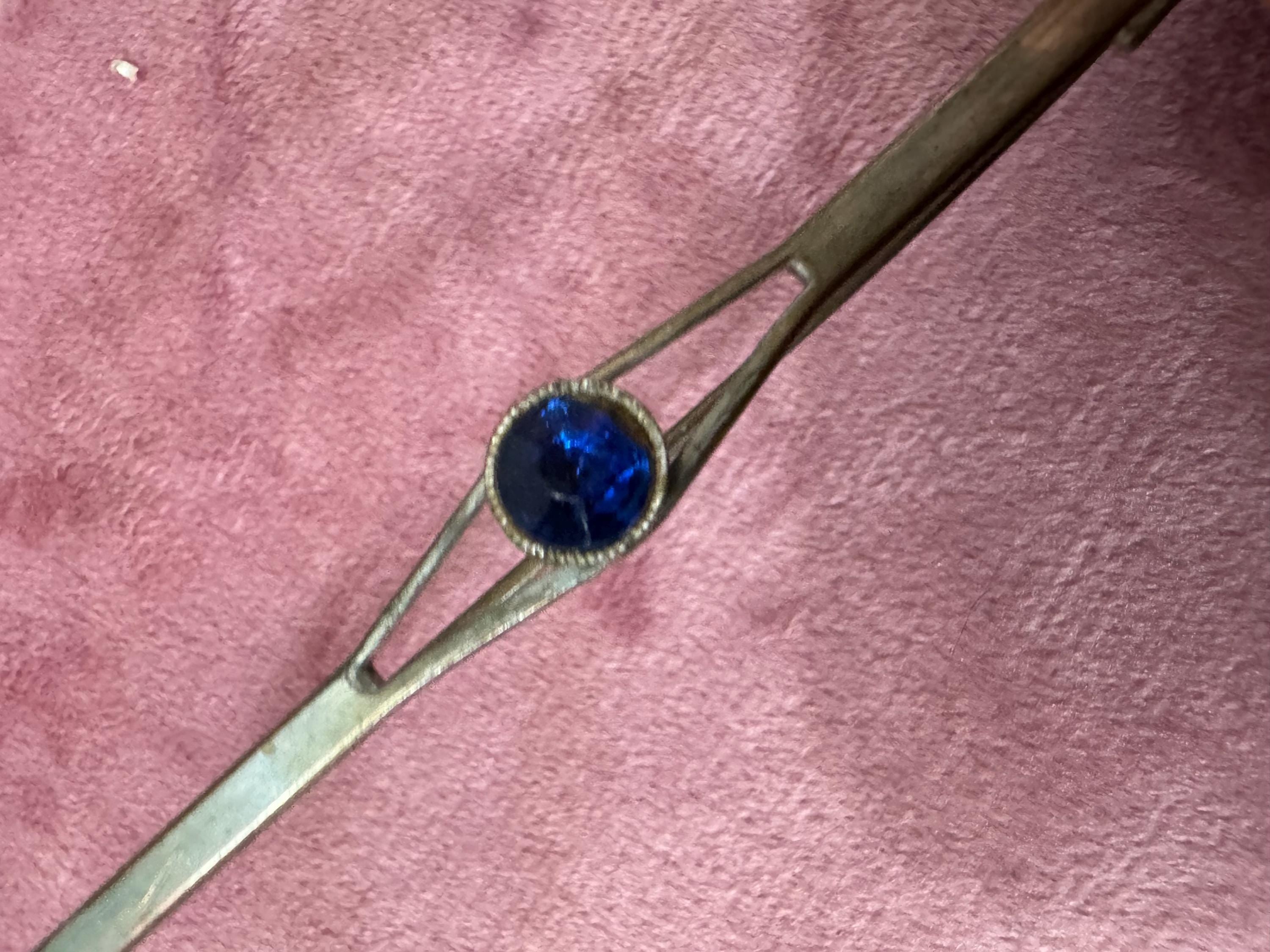 Art Deco Sapphire Blue Diamante Paste Brooch: 1920s Bar Pin