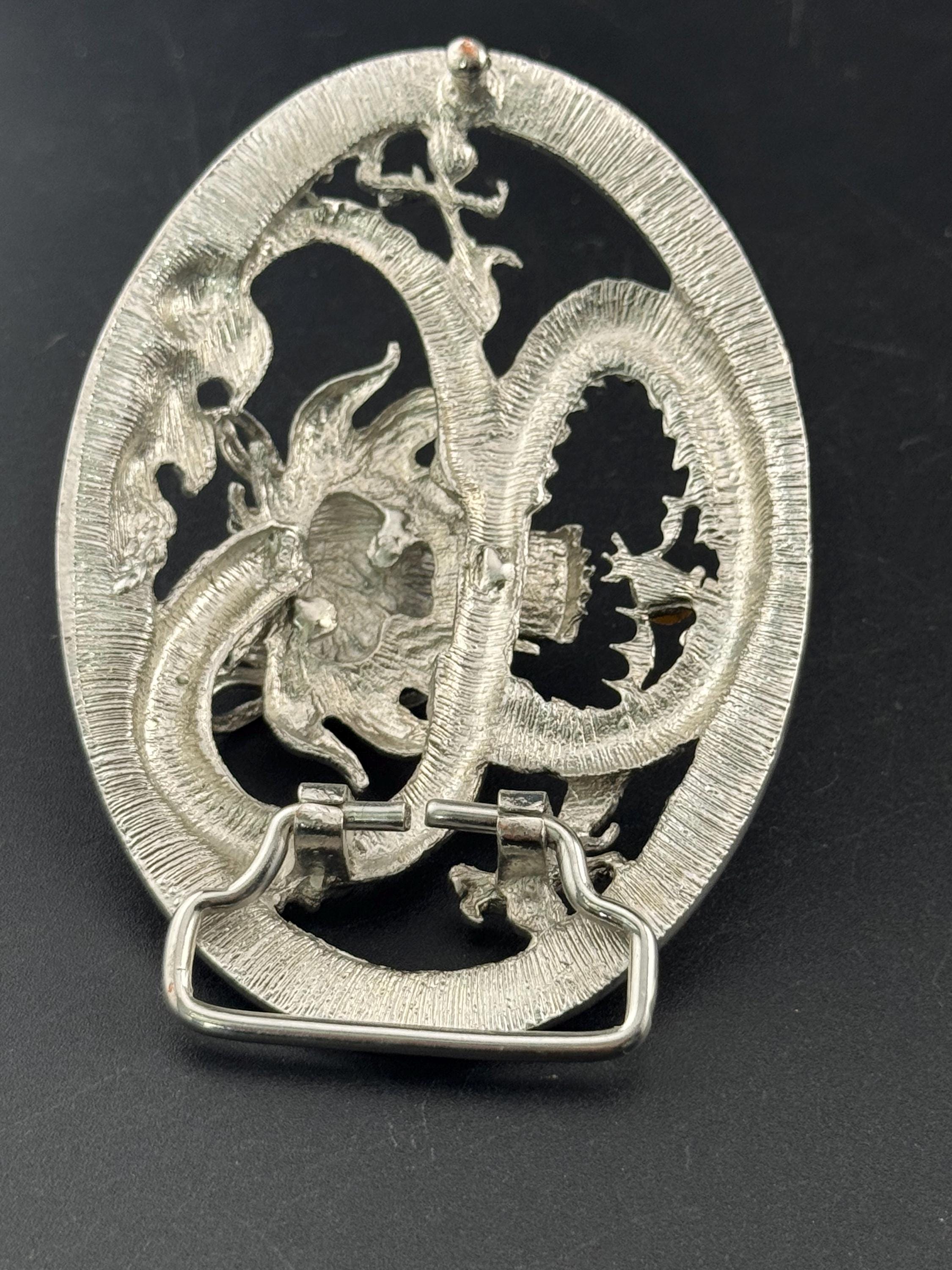 Huge vintage men’s chinese dragon crystal diamanté set silver tone steel belt buckle