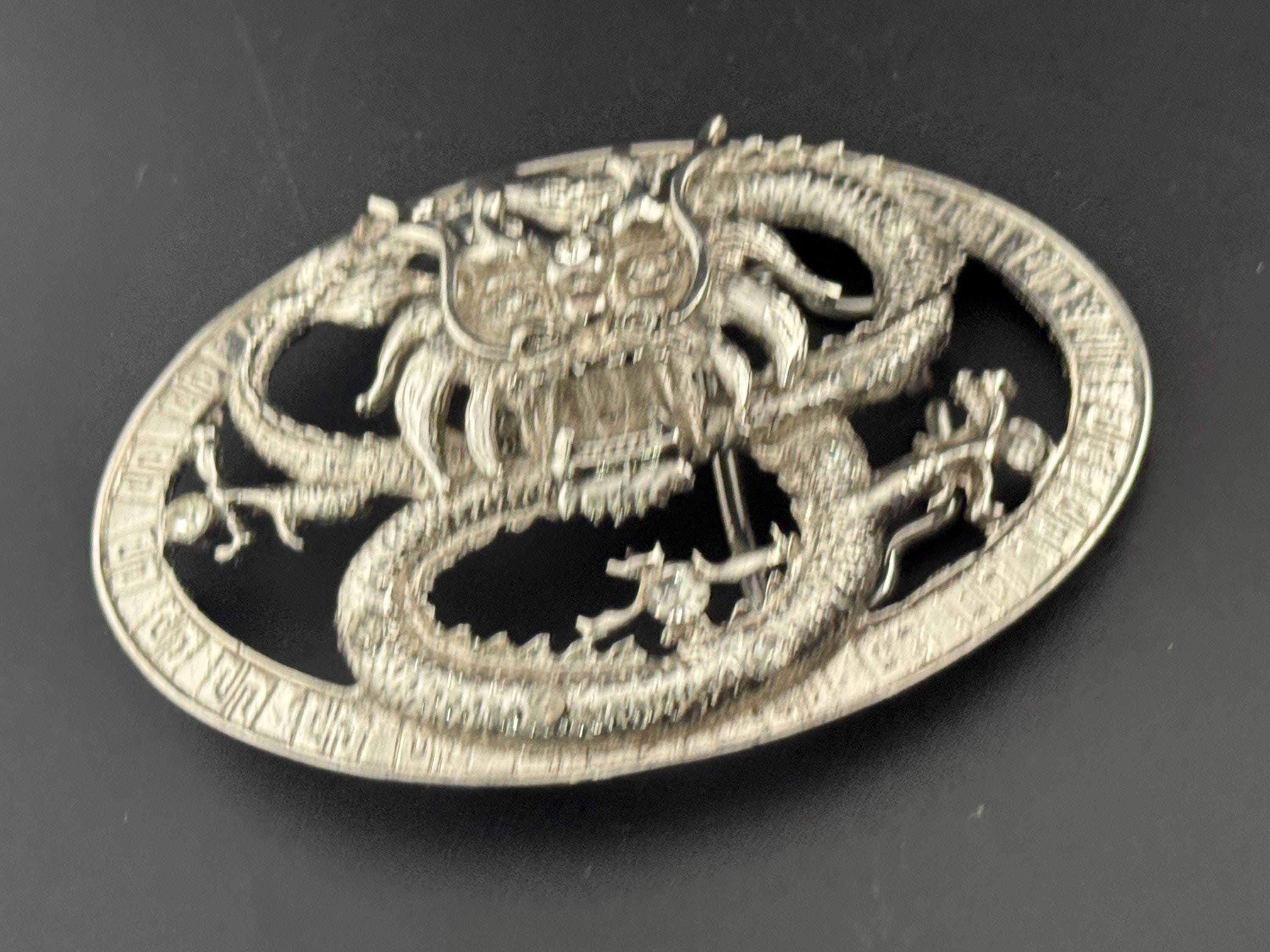 Huge vintage men’s chinese dragon crystal diamanté set silver tone steel belt buckle