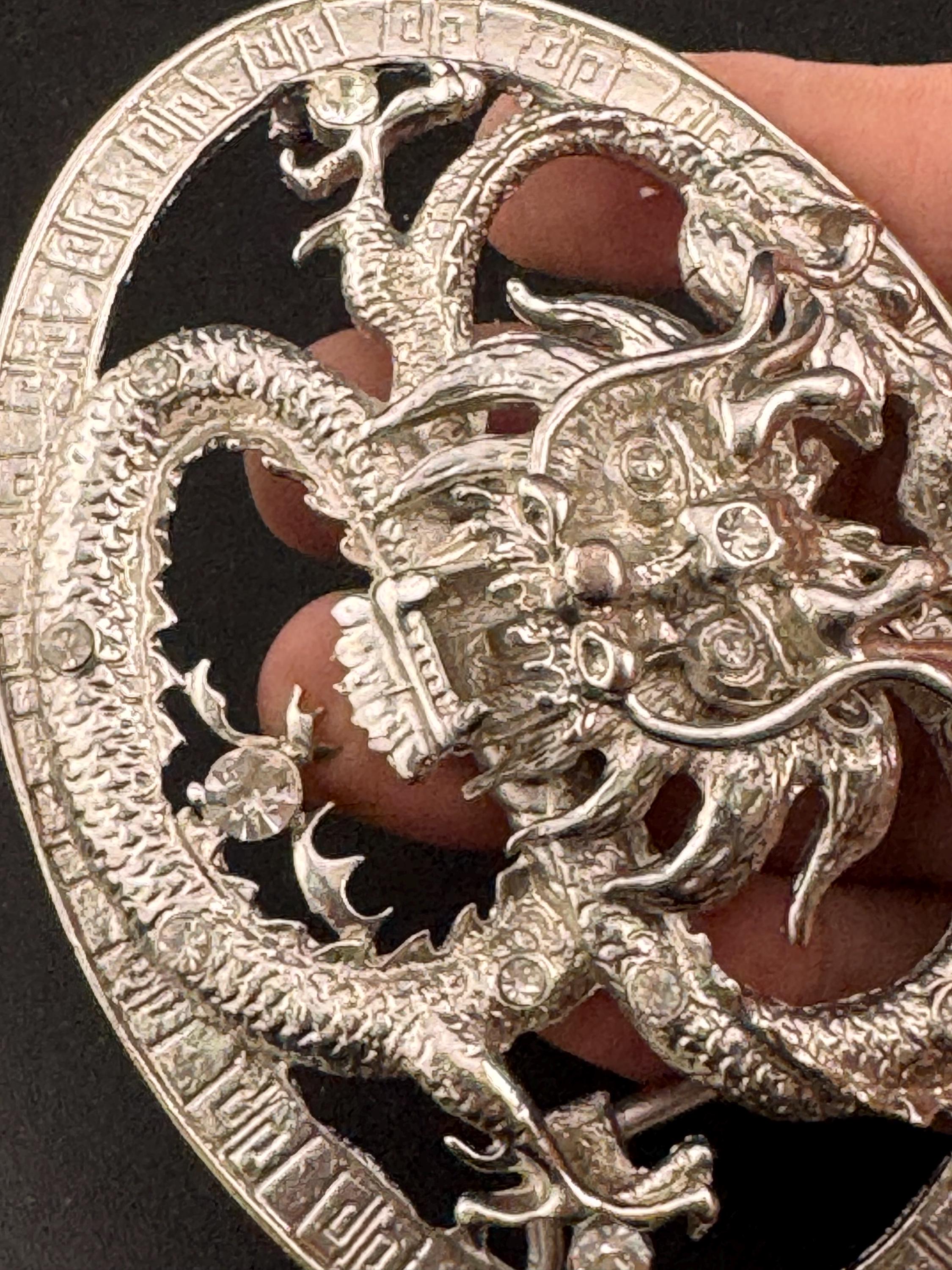 Huge vintage men’s chinese dragon crystal diamanté set silver tone steel belt buckle