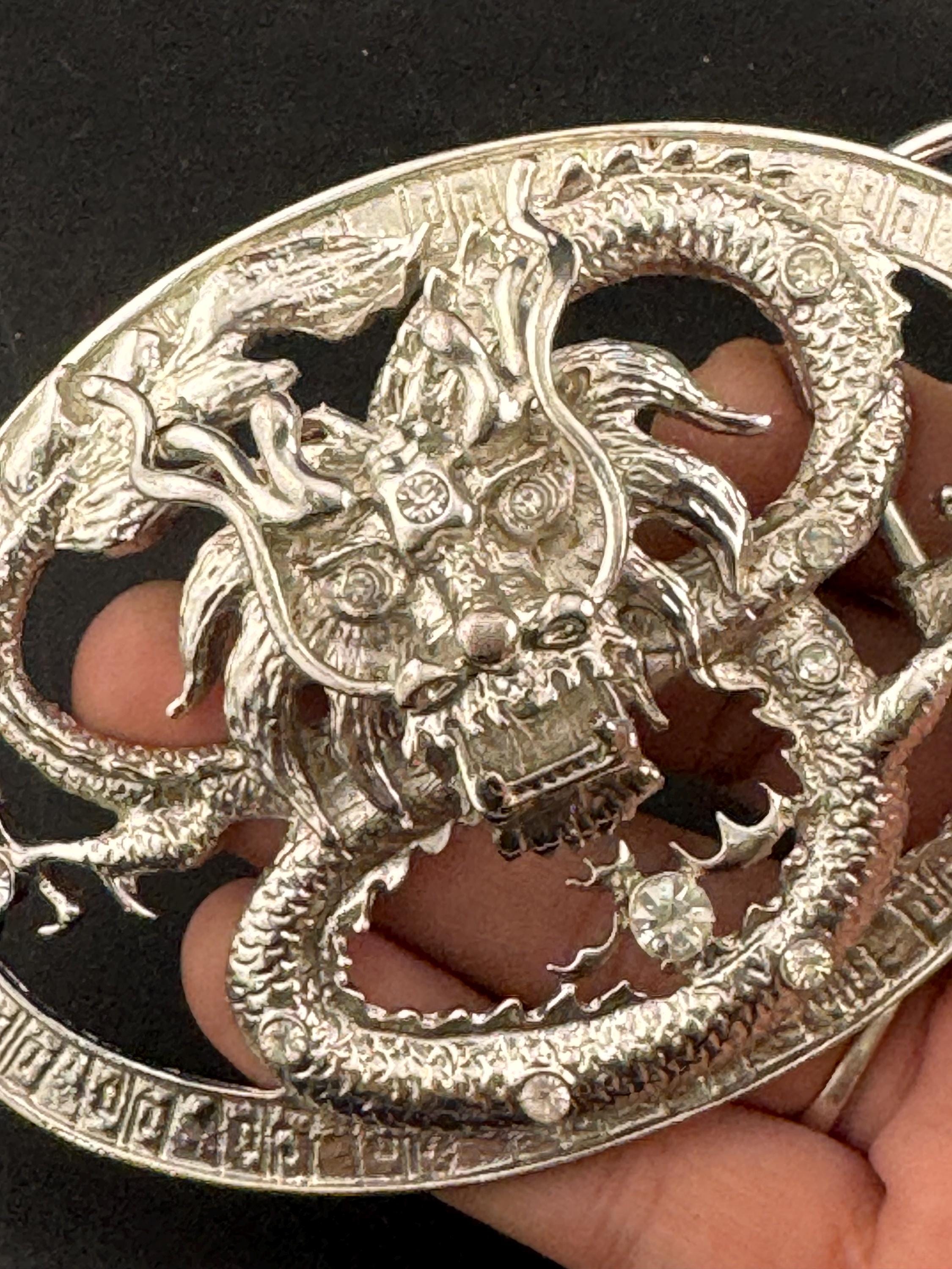 Huge vintage men’s chinese dragon crystal diamanté set silver tone steel belt buckle