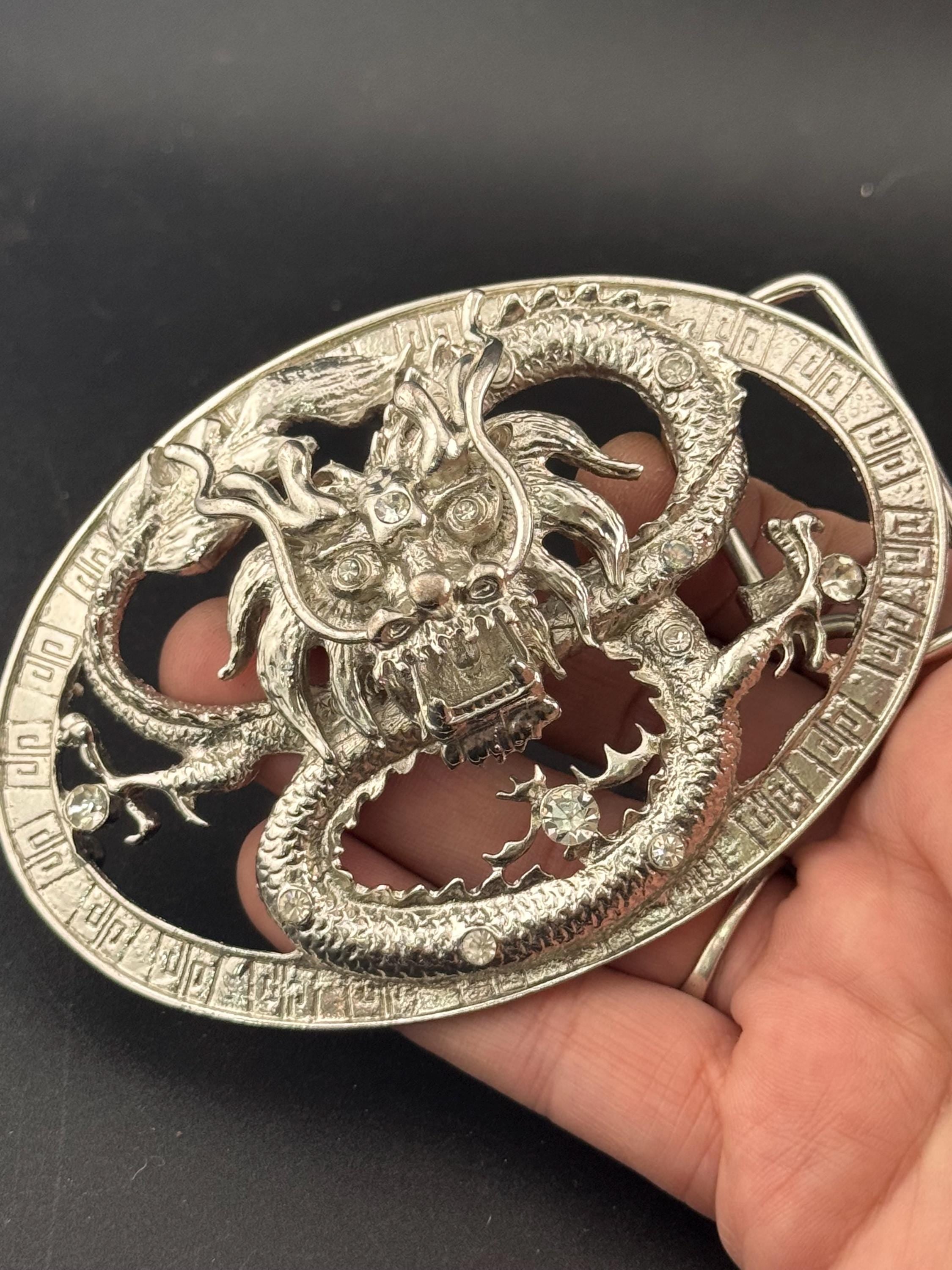 Huge vintage men’s chinese dragon crystal diamanté set silver tone steel belt buckle