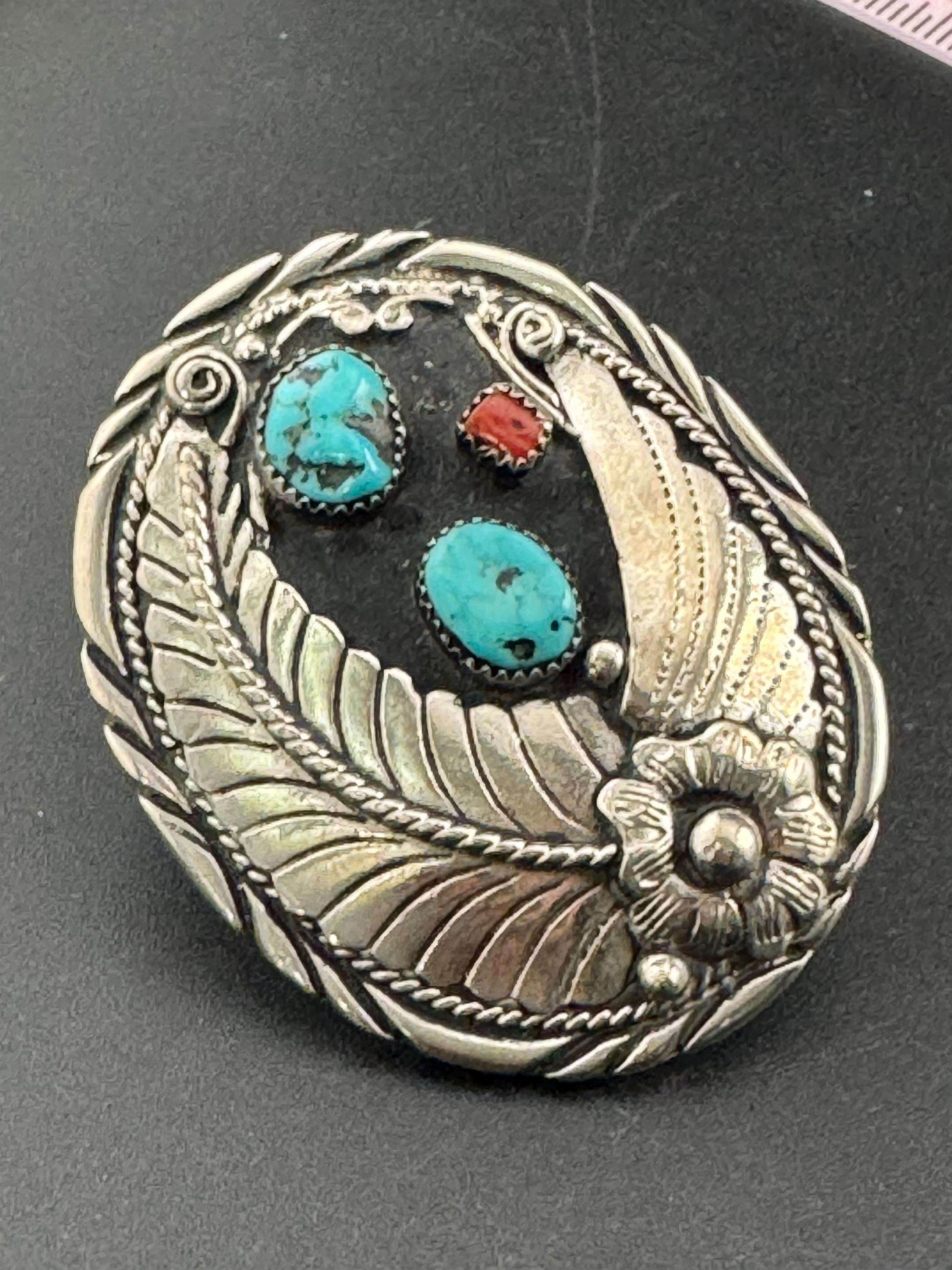 Handcrafted USA genuine turquoise and coral gemstone southwestern unisex silver tone steel belt buckle