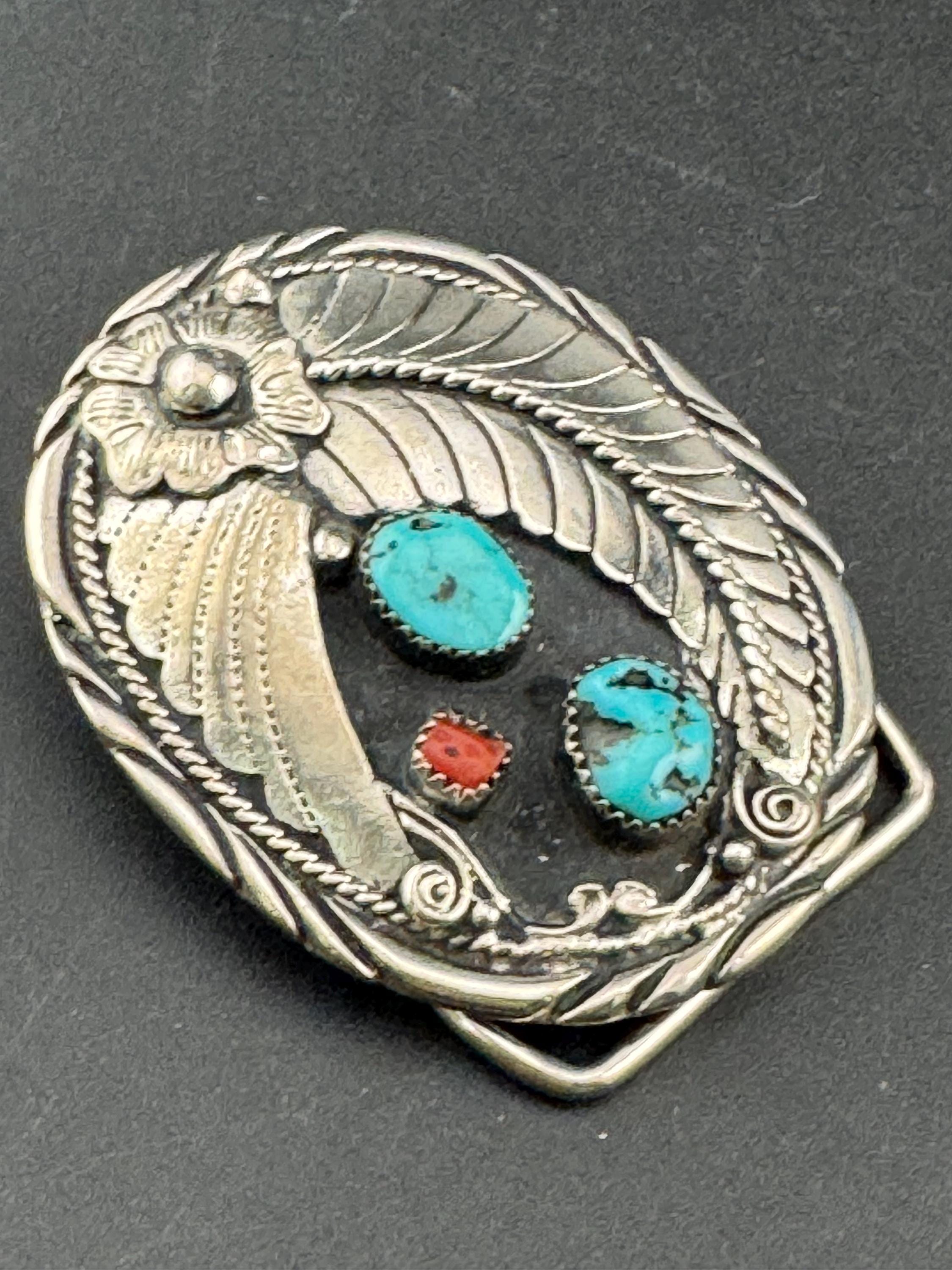 Handcrafted USA genuine turquoise and coral gemstone southwestern unisex silver tone steel belt buckle