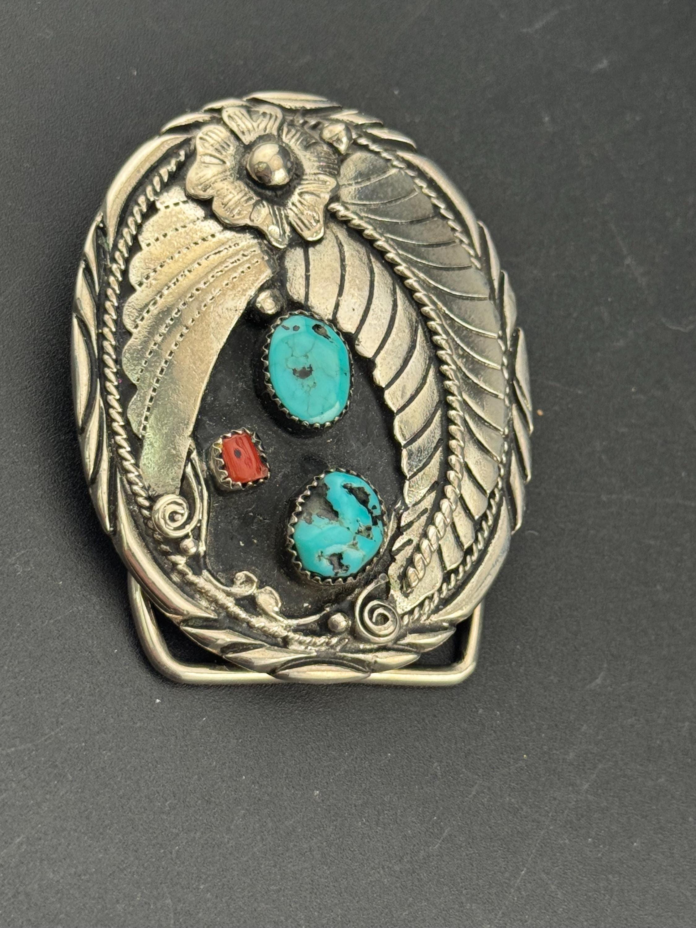 Handcrafted USA genuine turquoise and coral gemstone southwestern unisex silver tone steel belt buckle