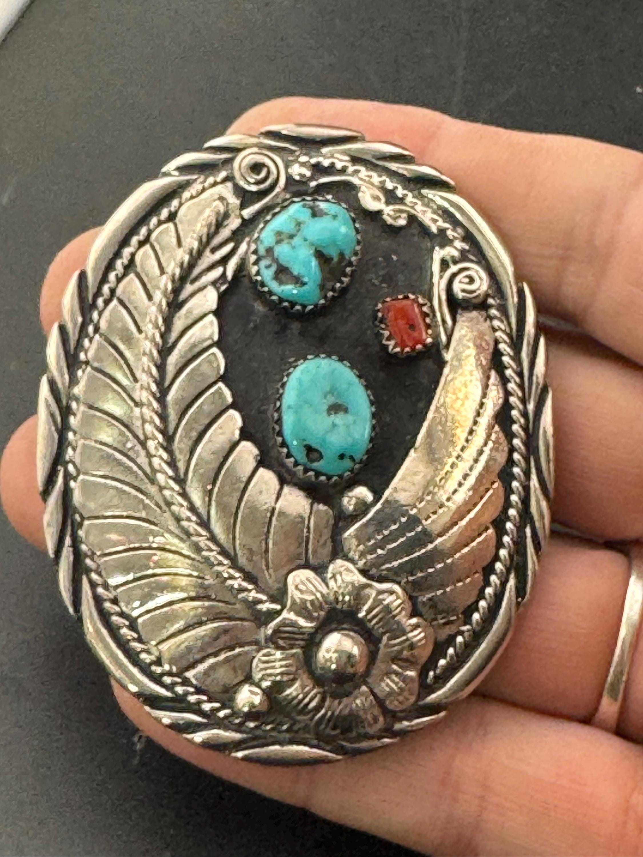 Handcrafted USA genuine turquoise and coral gemstone southwestern unisex silver tone steel belt buckle