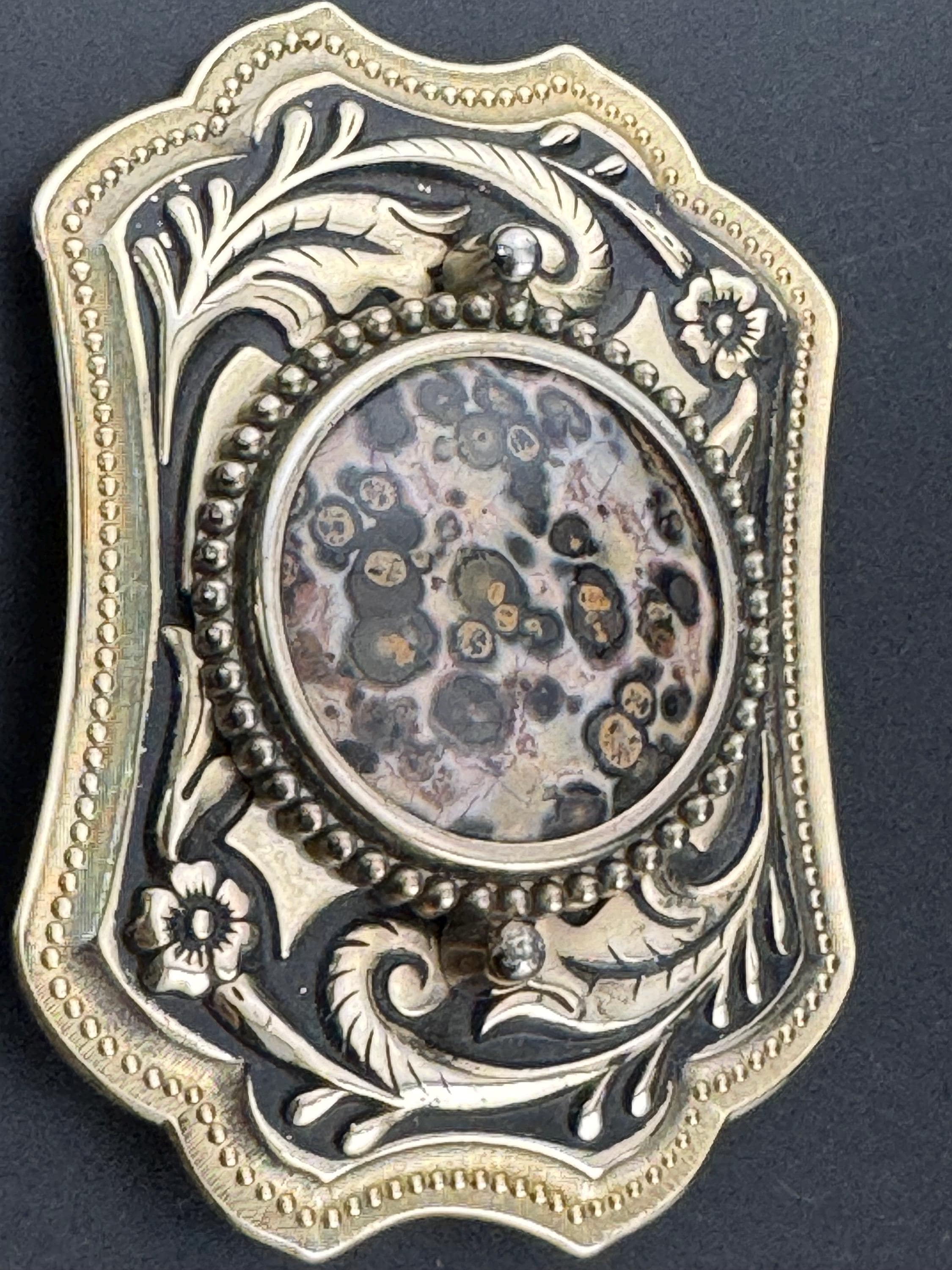 Vintage Large engraved floral brown gemstone Champagne gold tone steel belt buckle