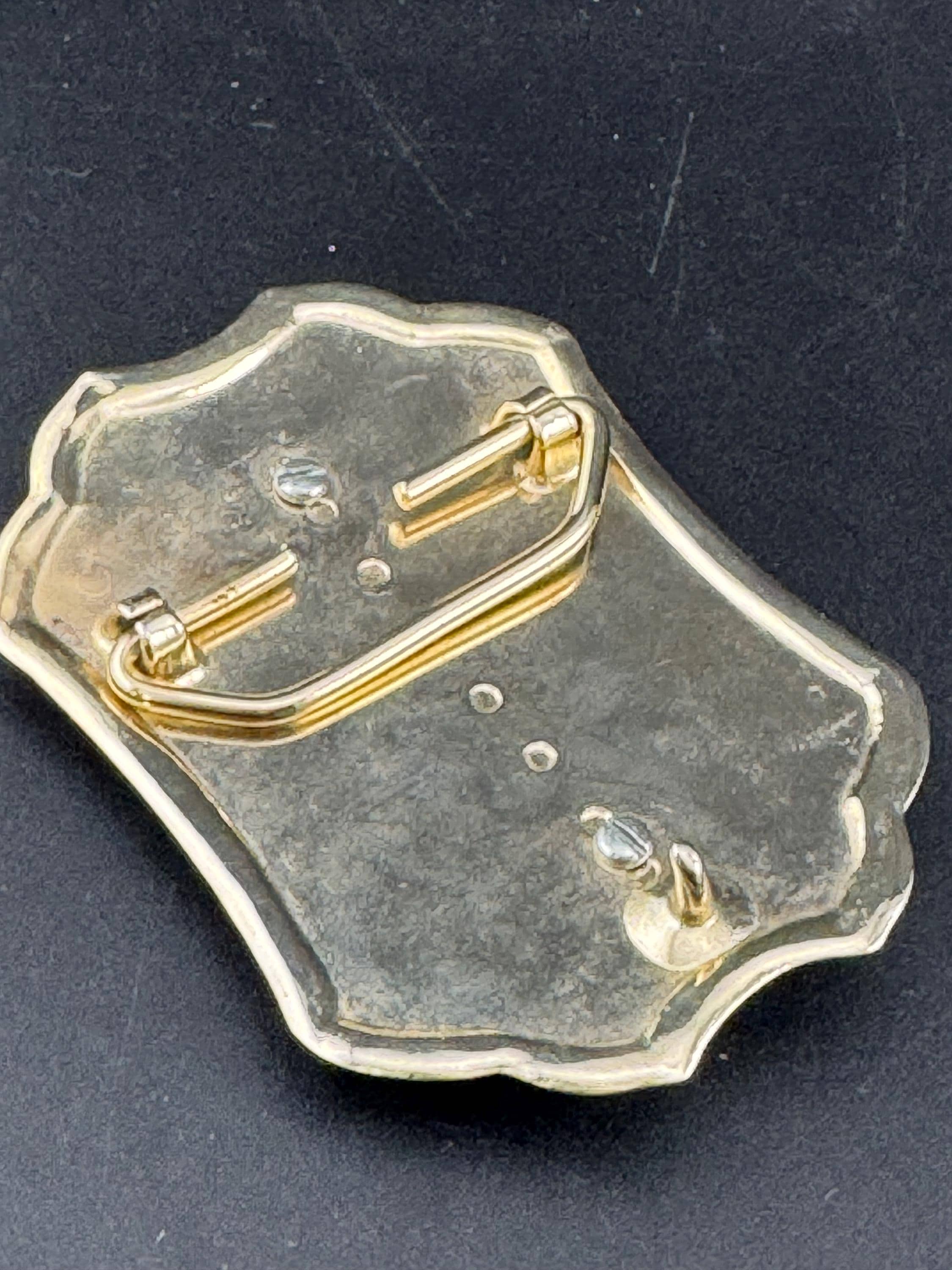 Vintage Large engraved floral brown gemstone Champagne gold tone steel belt buckle