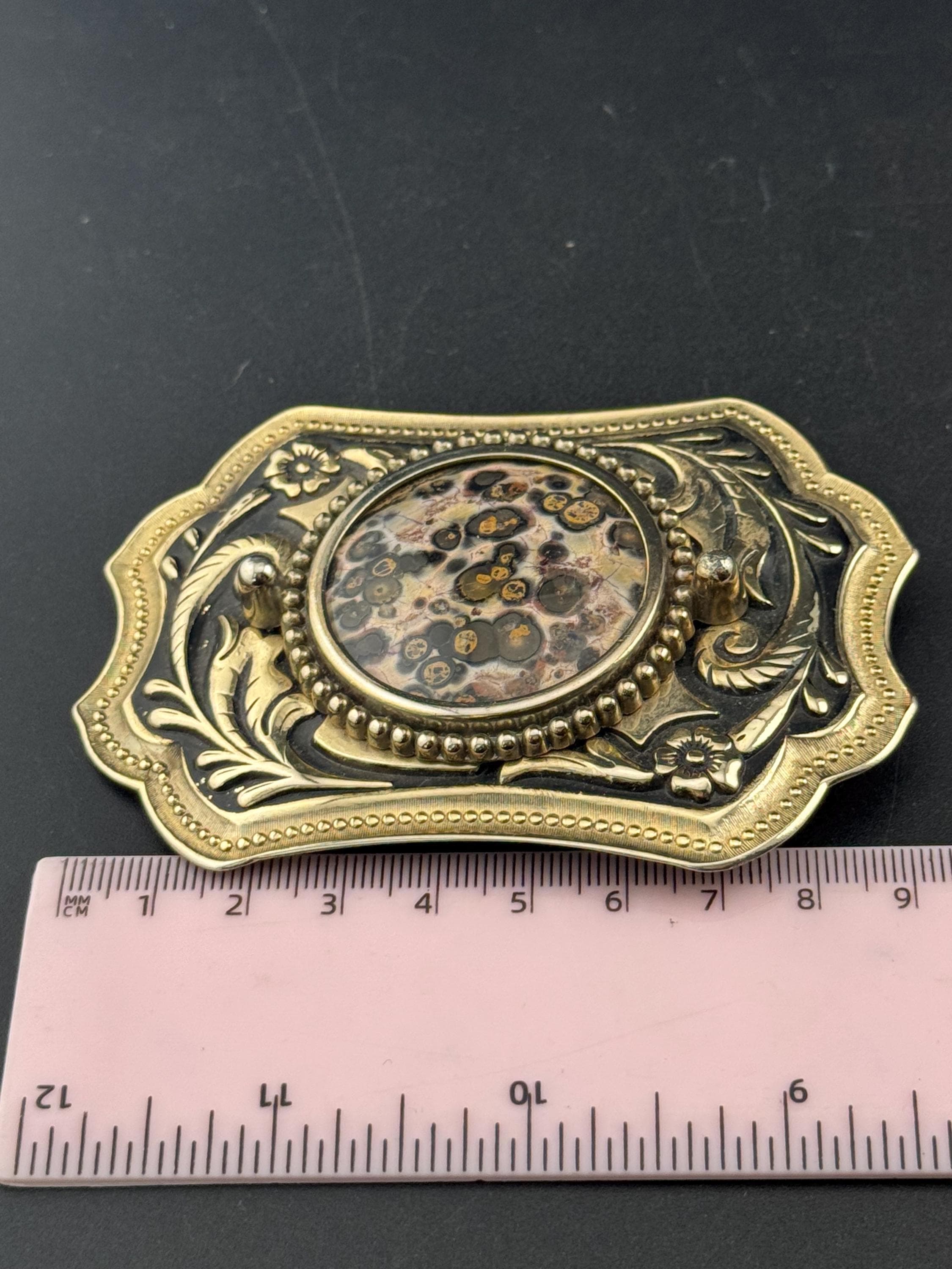 Vintage Large engraved floral brown gemstone Champagne gold tone steel belt buckle