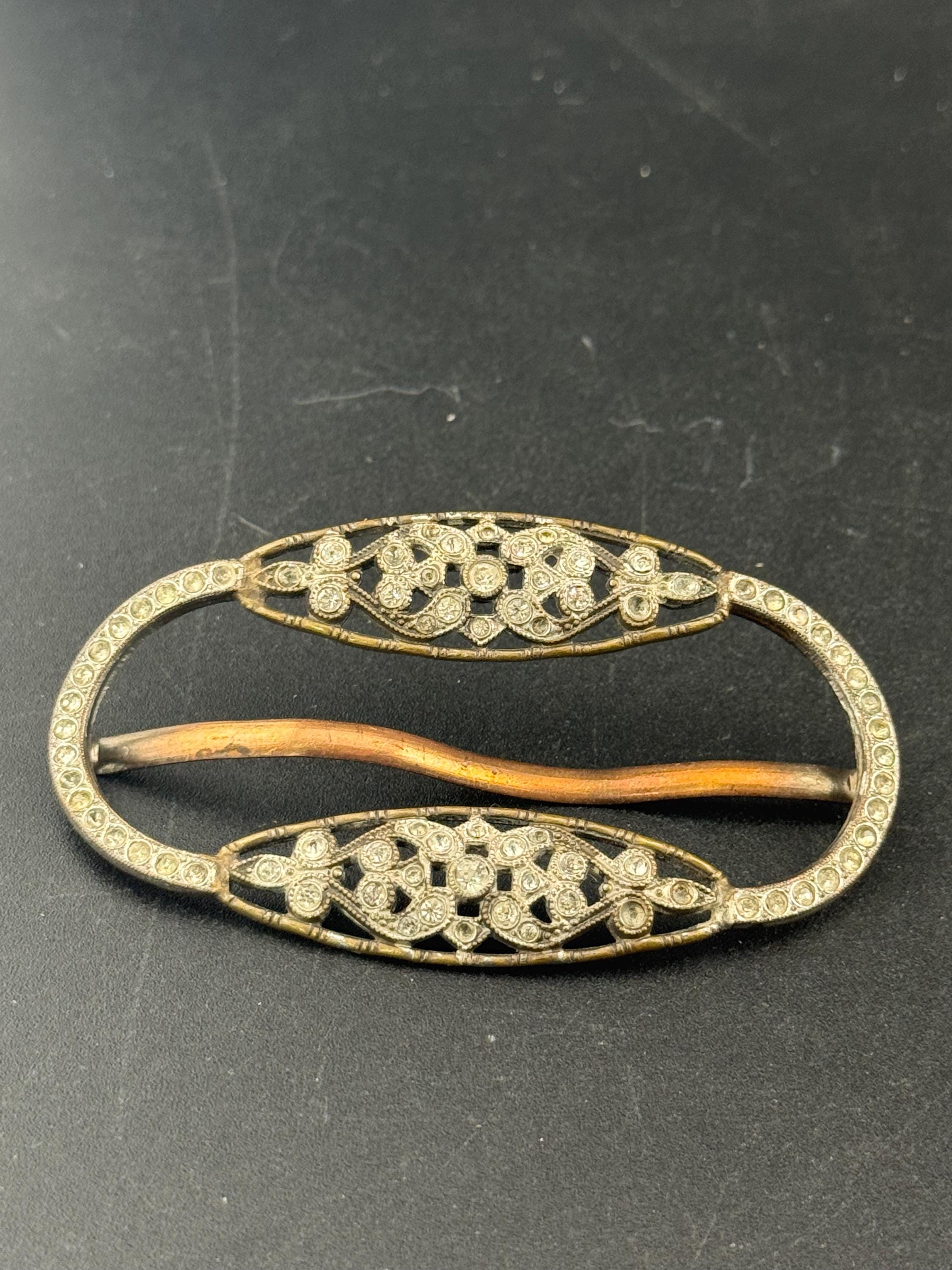 As found vintage Czech gold tone bezel set Clear Glass Diamante Belt Buckle, old paste rhinestone  Wedding Adornment choker Fitting