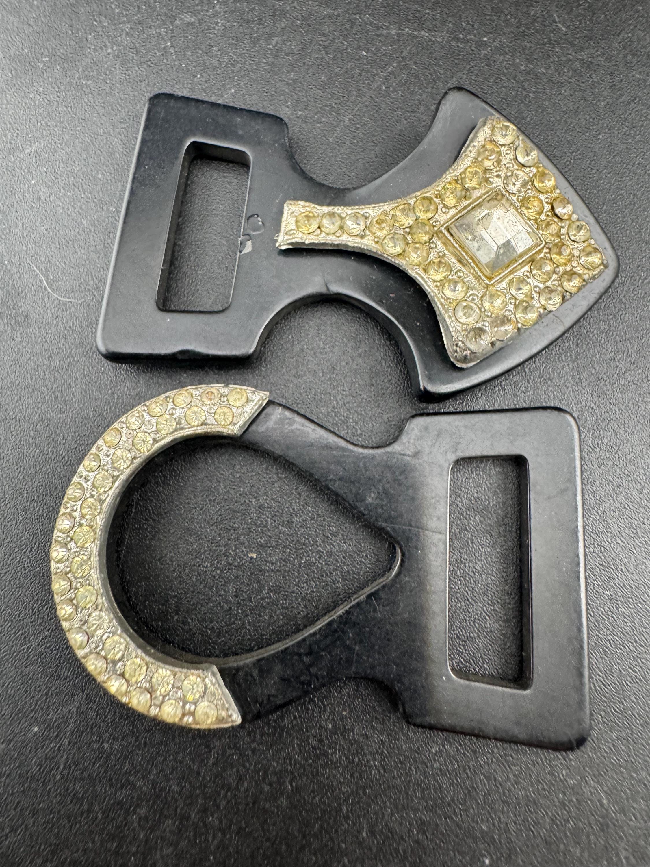 Antique Art Deco Black early plastic 2 part double geometric clear crystal rhinestone Belt Buckle 1920s 1930s Sewing Haberdashery