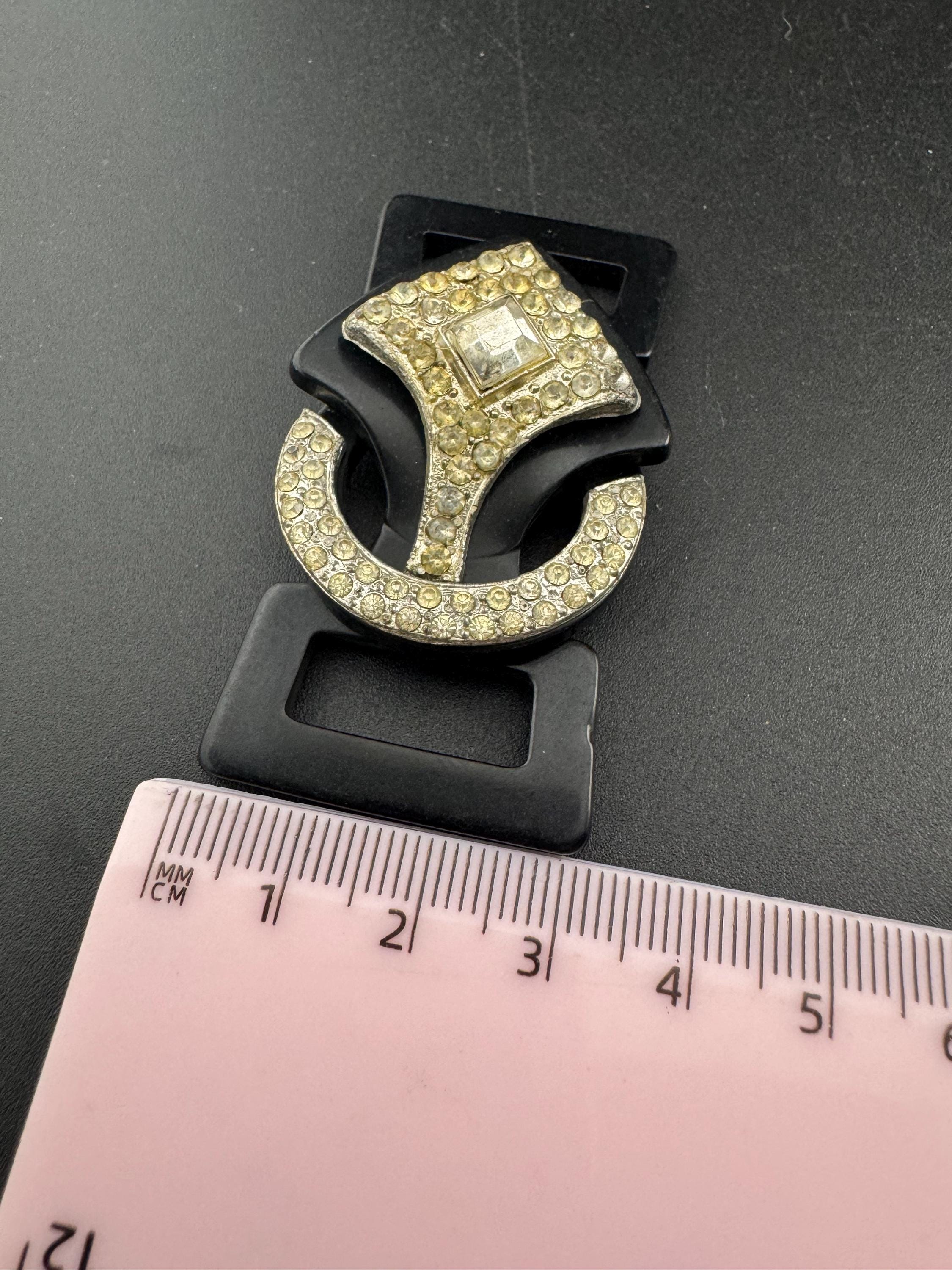 Antique Art Deco Black early plastic 2 part double geometric clear crystal rhinestone Belt Buckle 1920s 1930s Sewing Haberdashery
